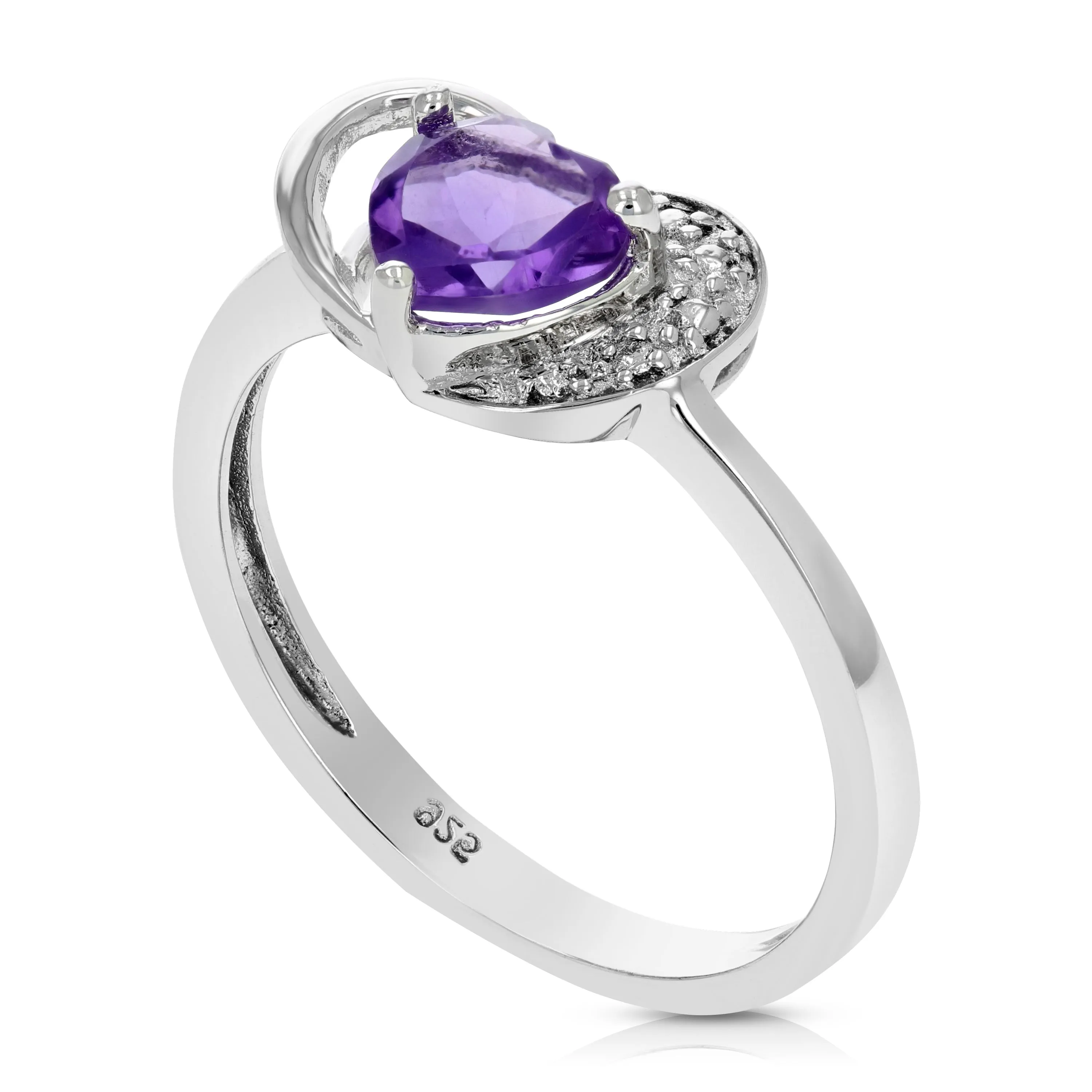 0.70 cttw Heart Purple Amethyst Ring .925 Sterling Silver with Rhodium 6 MM