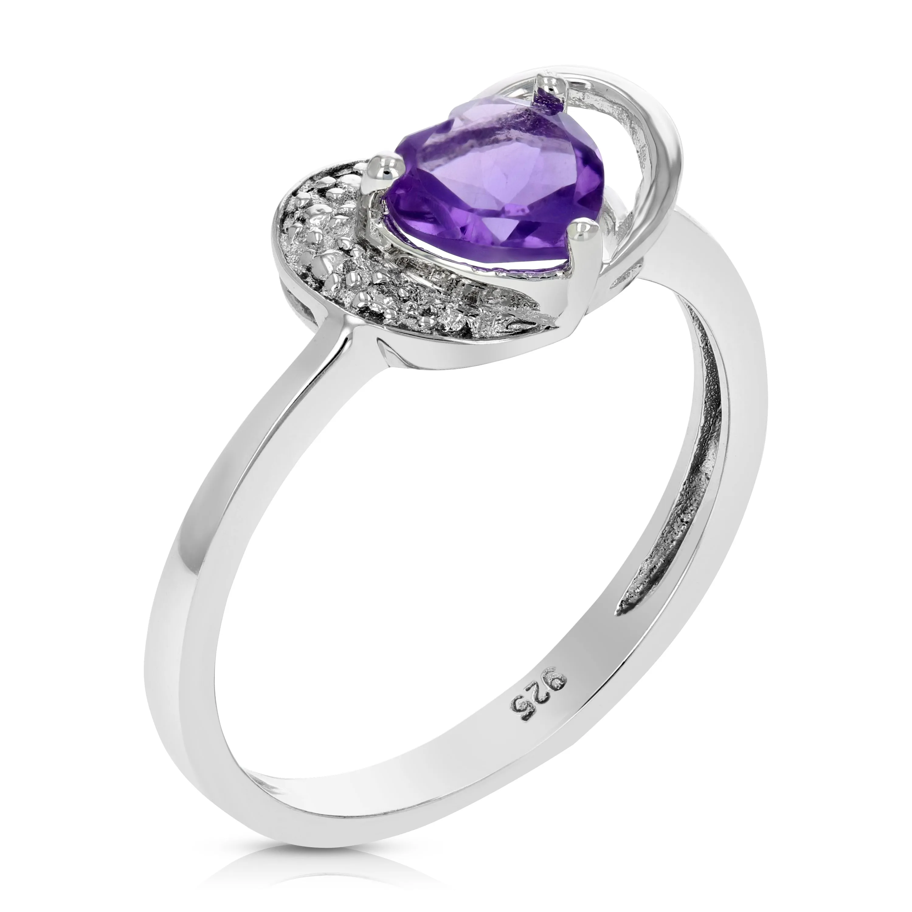 0.70 cttw Heart Purple Amethyst Ring .925 Sterling Silver with Rhodium 6 MM