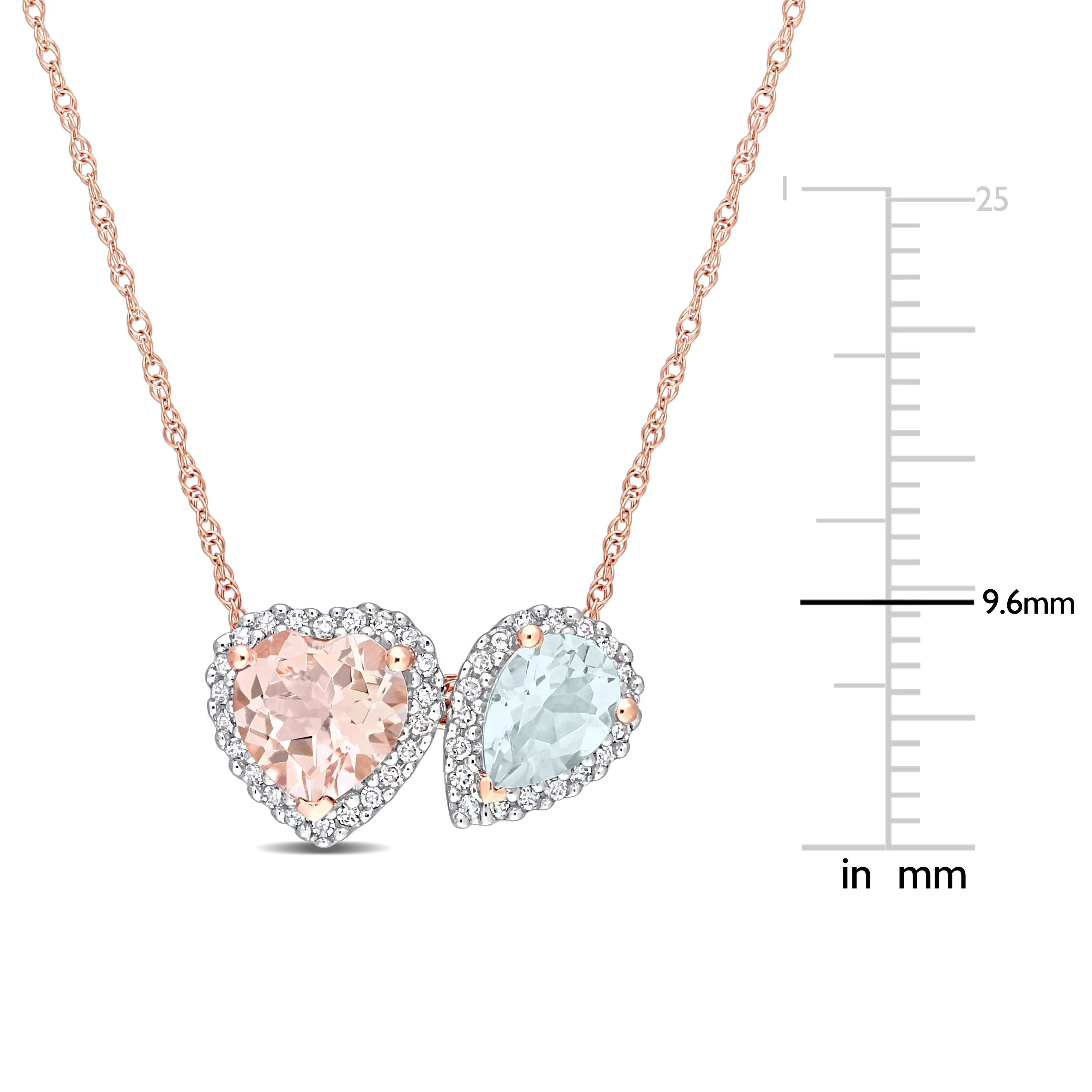 1 3/4 CT TGW Heart Shape Morganite Pear Shape Aquamarine and 1/5 CT TW Diamond Pendant with Chain in 10K Rose Gold