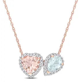 1 3/4 CT TGW Heart Shape Morganite Pear Shape Aquamarine and 1/5 CT TW Diamond Pendant with Chain in 10K Rose Gold