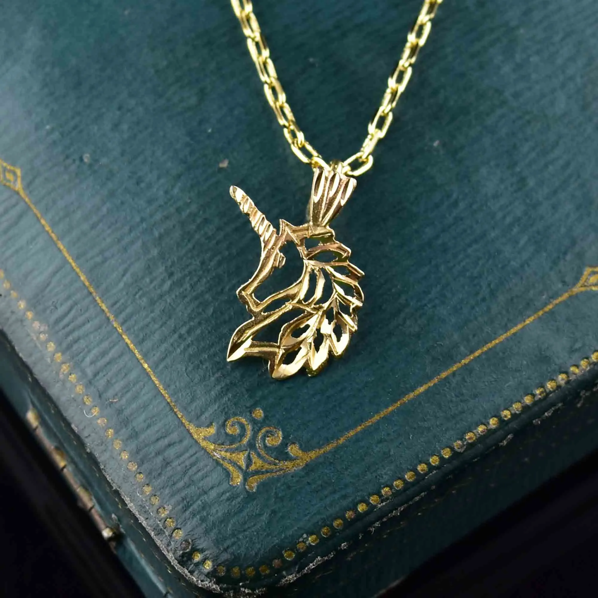 14K Etched Gold Unicorn Charm Pendant Necklace