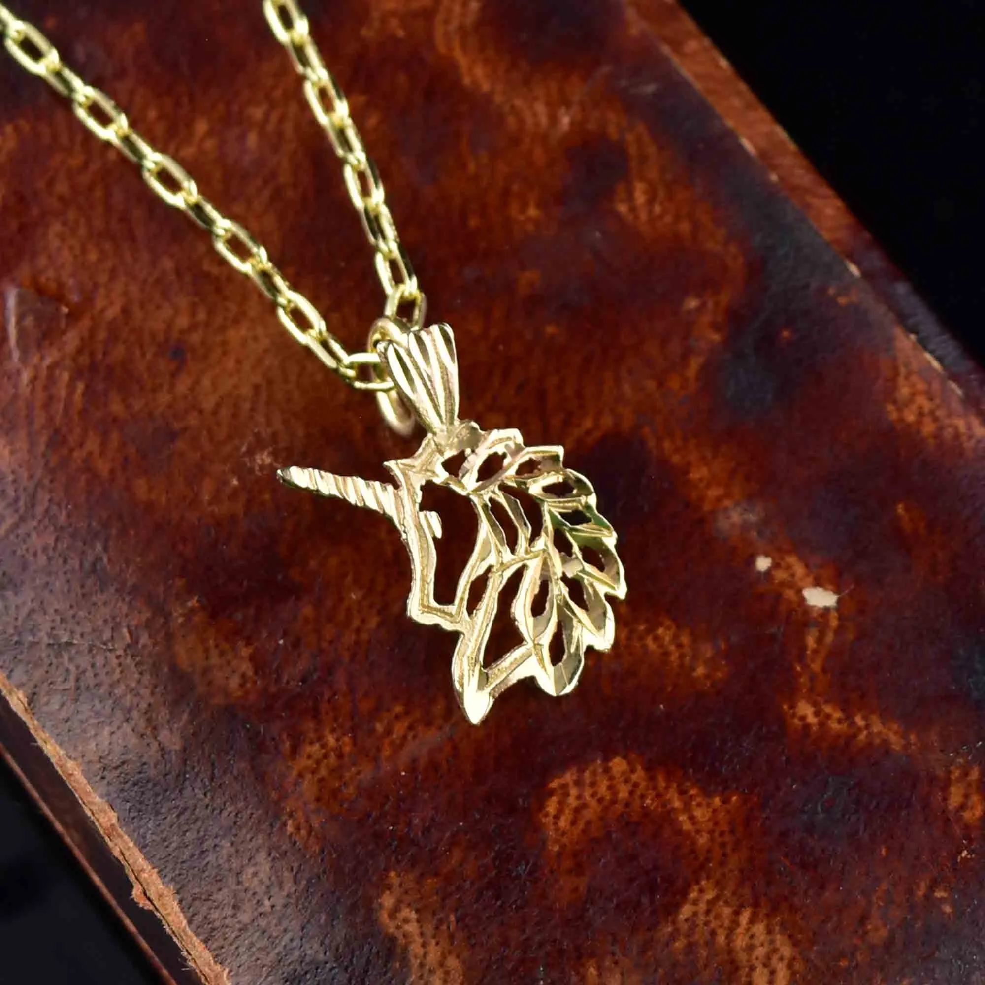 14K Etched Gold Unicorn Charm Pendant Necklace