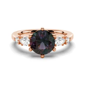 2 CT. Round Cut Alexandrite Engagement Ring With Pear Shaped Moissanite Accents