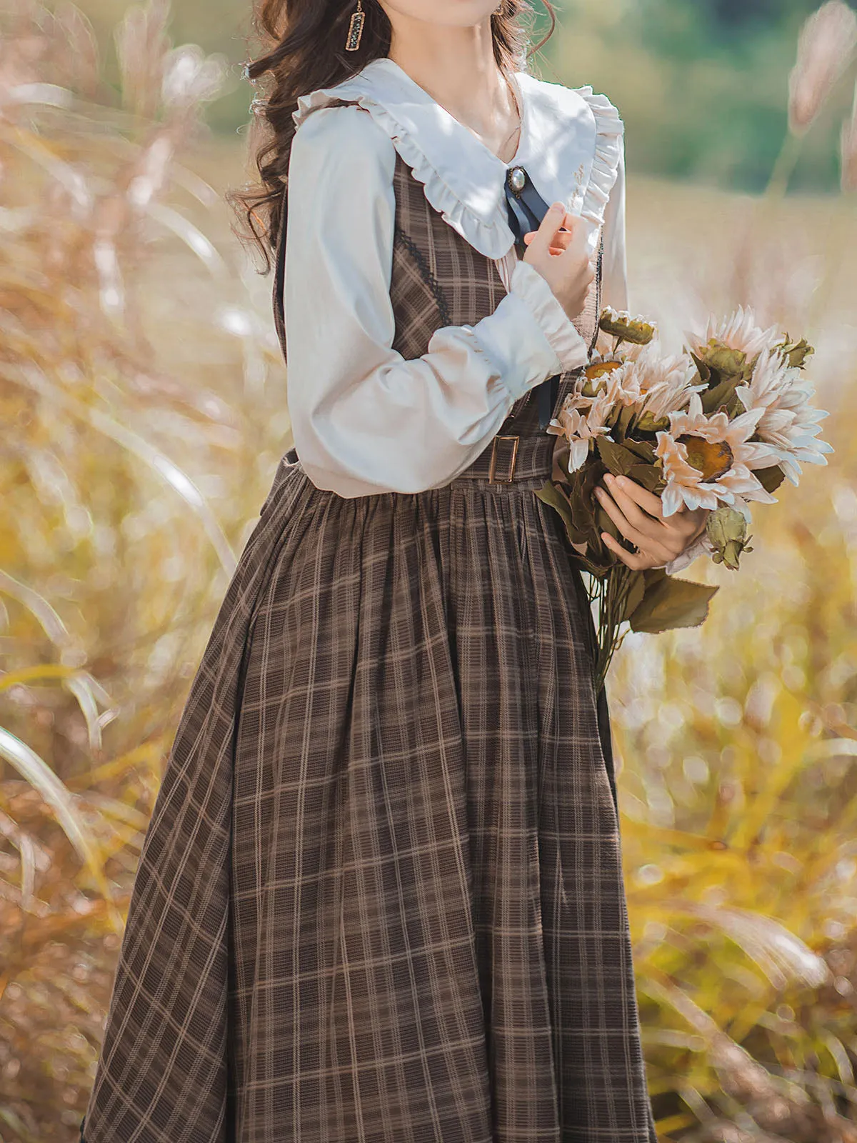 2PS 1950S Regina Peter Pan Collar Long Sleeve Shirt And Plaid Lace Sundress Dress Suit