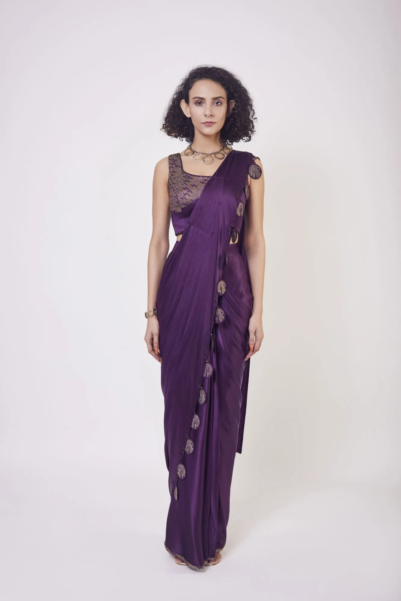 90Z956-RO Purple Satin Pre Stiched Saree Set