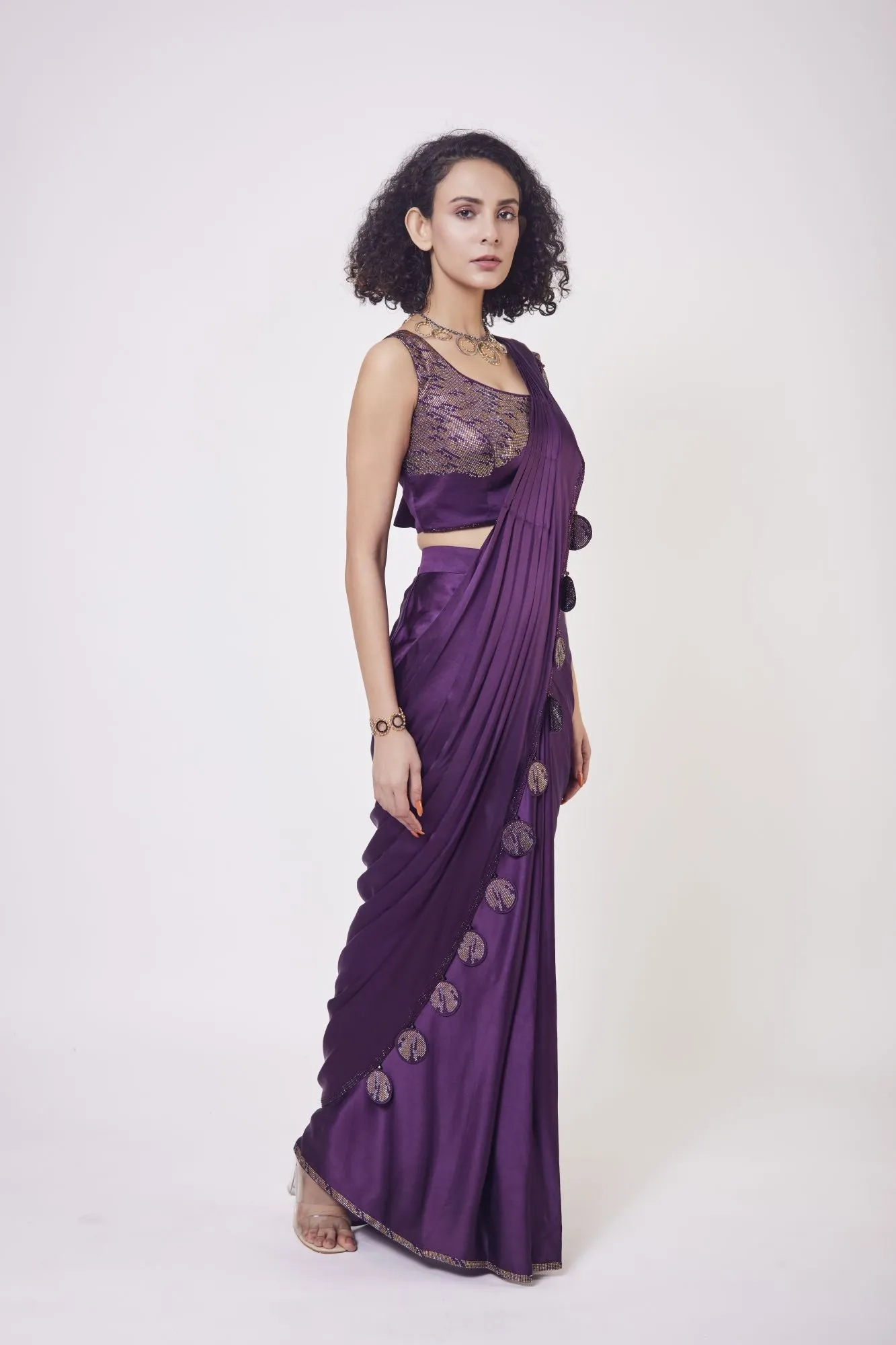 90Z956-RO Purple Satin Pre Stiched Saree Set