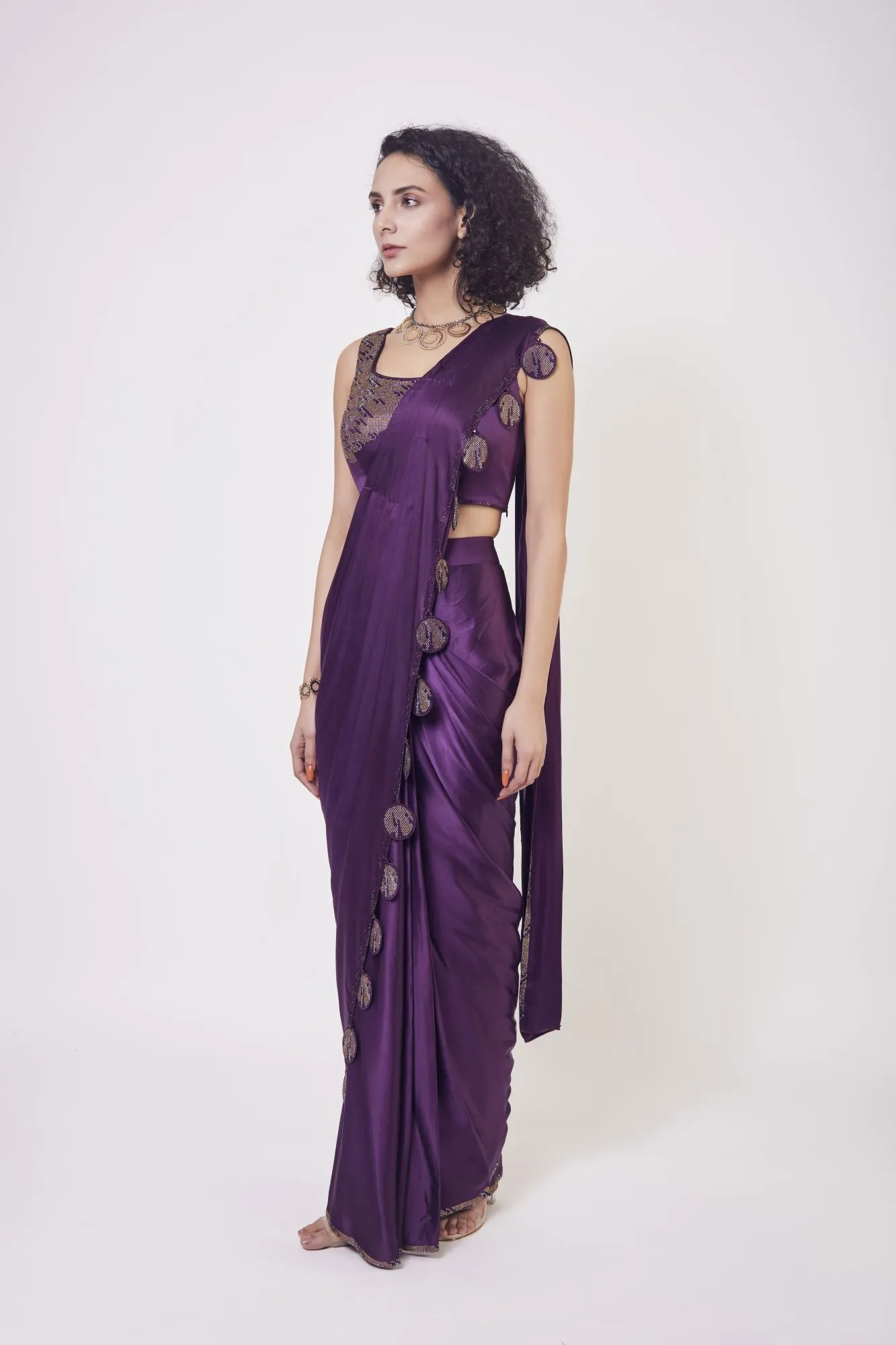 90Z956-RO Purple Satin Pre Stiched Saree Set