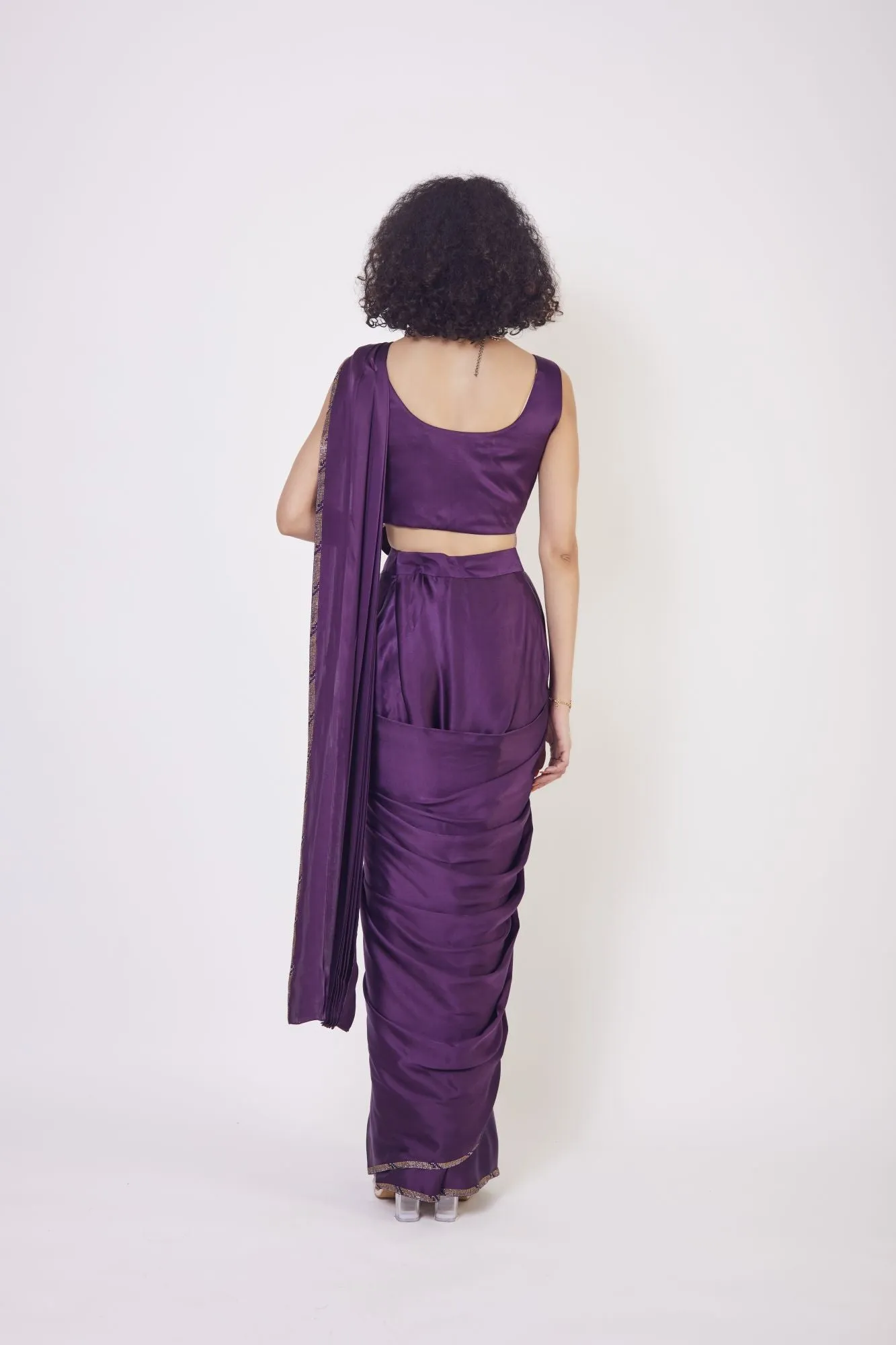 90Z956-RO Purple Satin Pre Stiched Saree Set