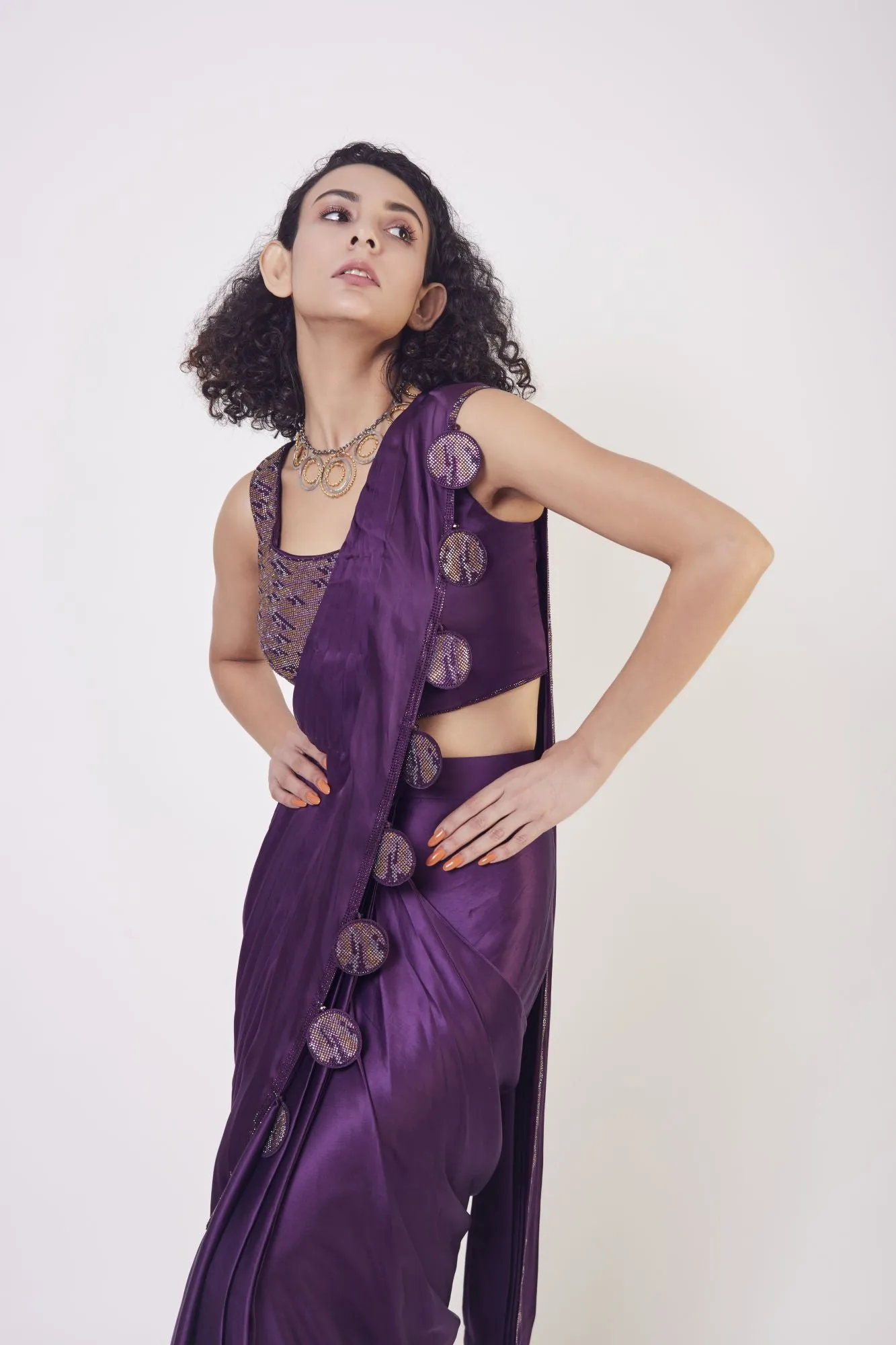 90Z956-RO Purple Satin Pre Stiched Saree Set