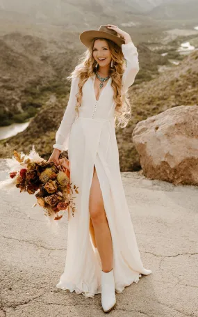 A-Line V-neck Chiffon Bohemian Wedding Dress With Long Sleeve And Button Back-716570