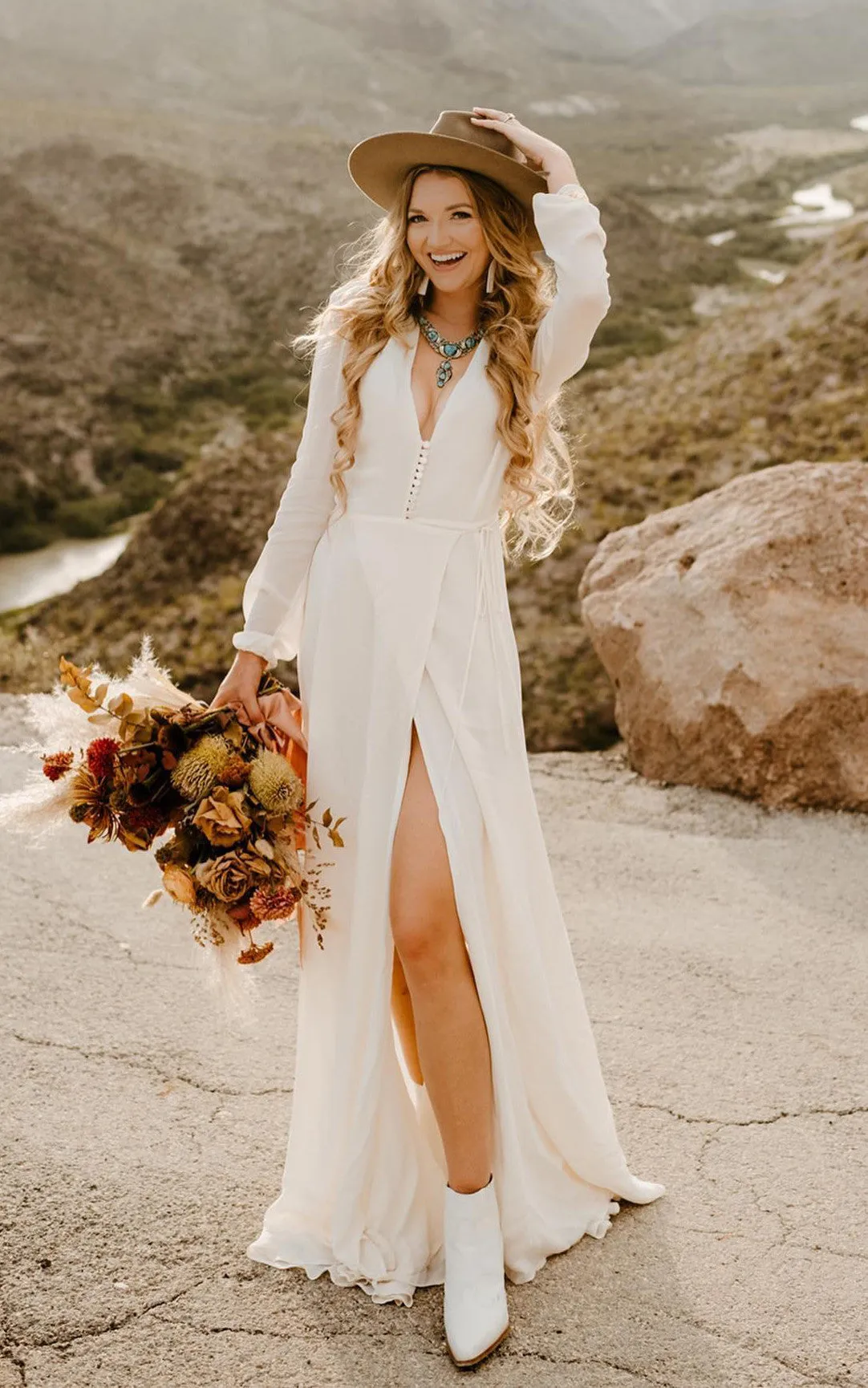 A-Line V-neck Chiffon Bohemian Wedding Dress With Long Sleeve And Button Back-716570