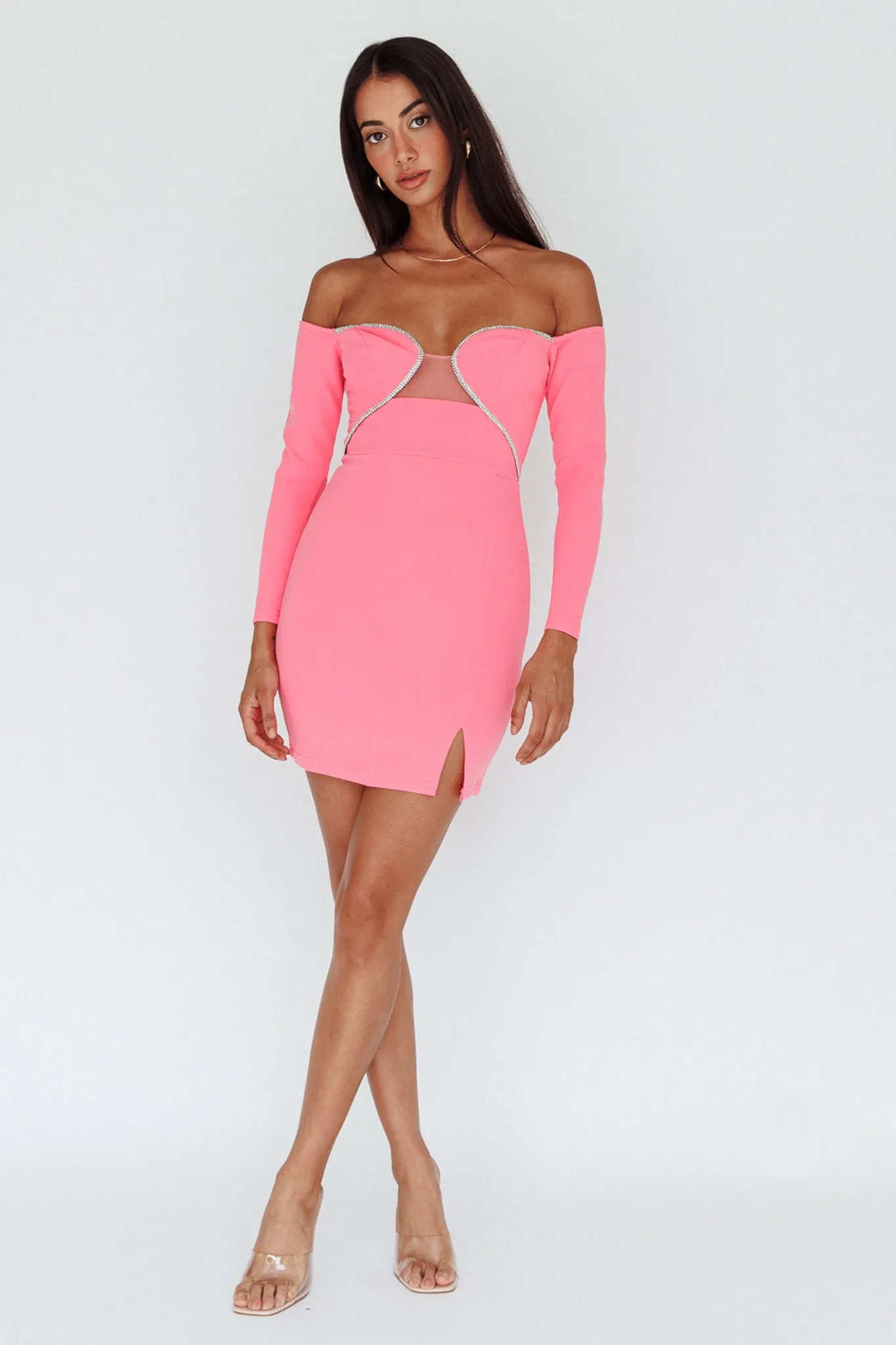 A-List Diamante Trim Long Sleeve Mini Dress Hot Pink