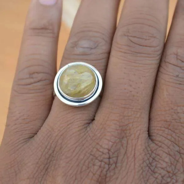 African Golden Yellow Rutile Quartz Ring, Nickel-Free 925 Sterling Silver Ring, November Birthstone Ring Jewelry, Gemstone Handmade Jewelry