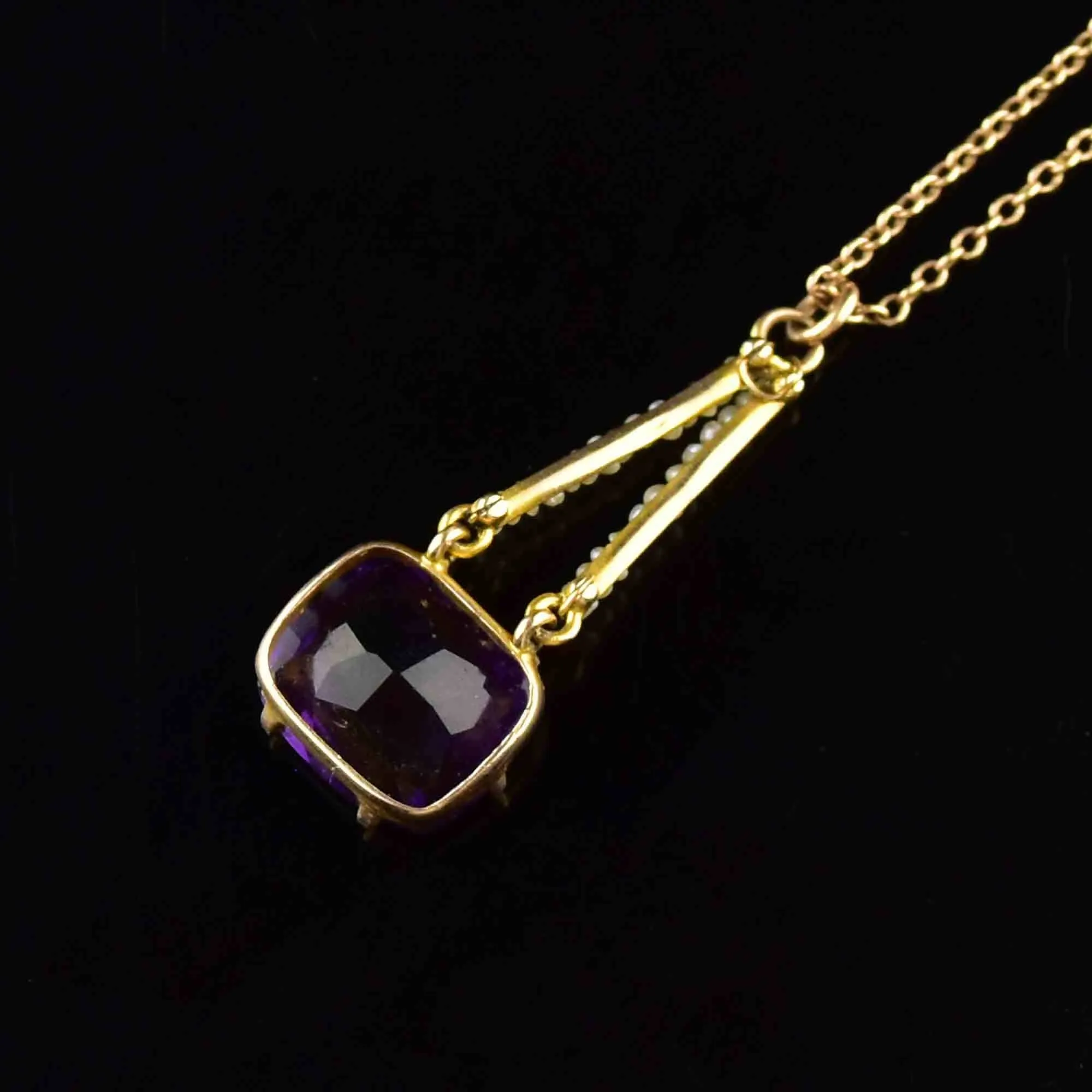 Antique 10K Gold Cushion Cut Amethyst Pearl Lavaliere Necklace