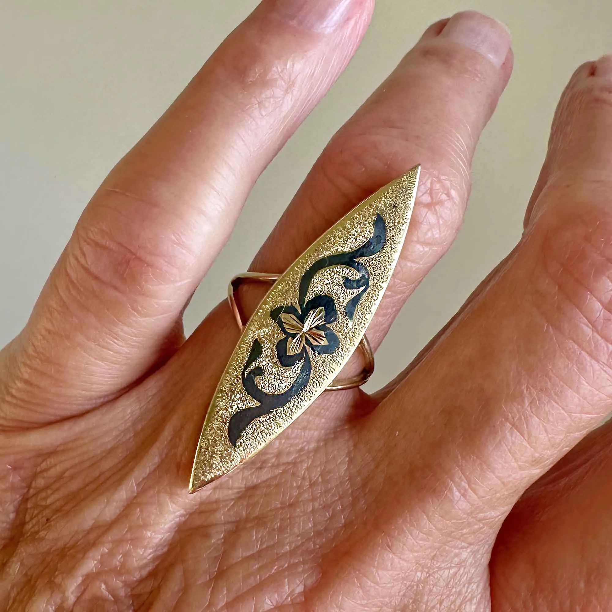 Antique 14K Gold Enamel Taille D'Epargne Navette Ring