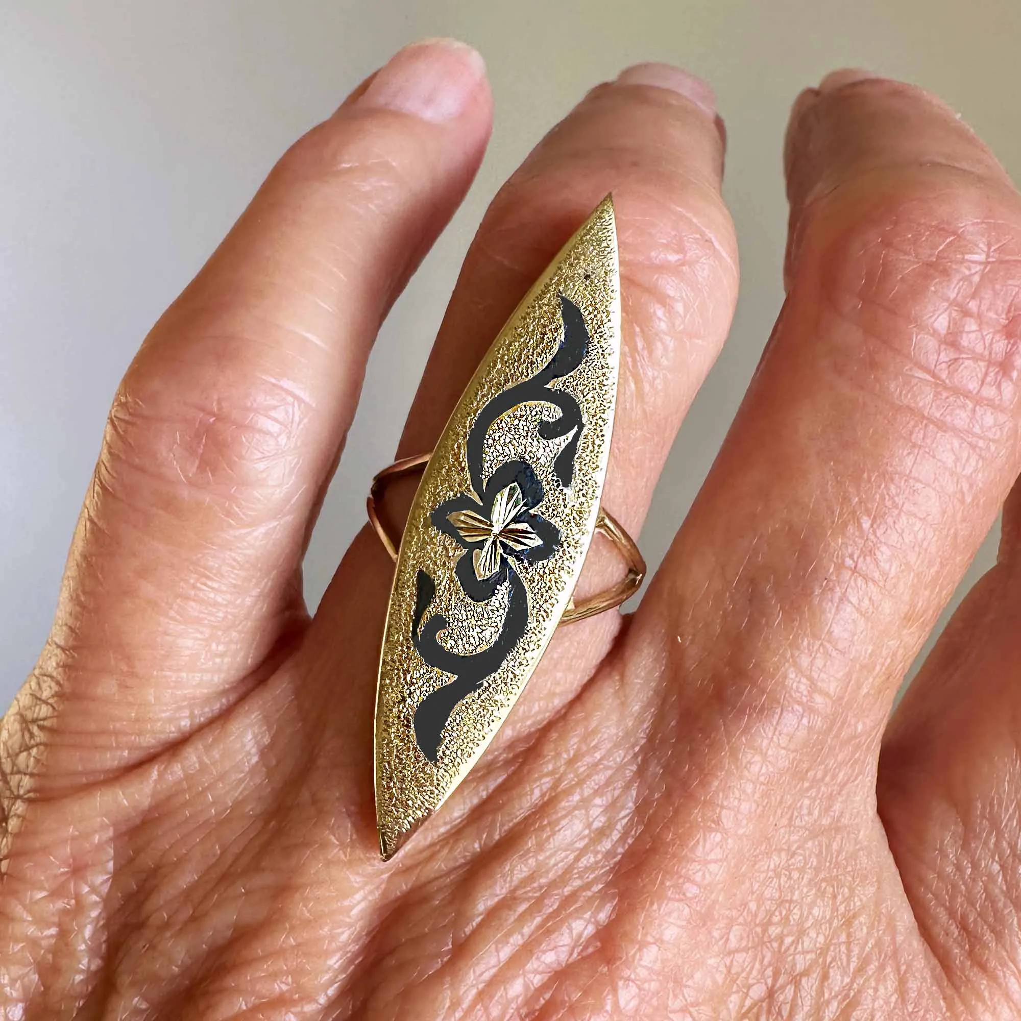 Antique 14K Gold Enamel Taille D'Epargne Navette Ring