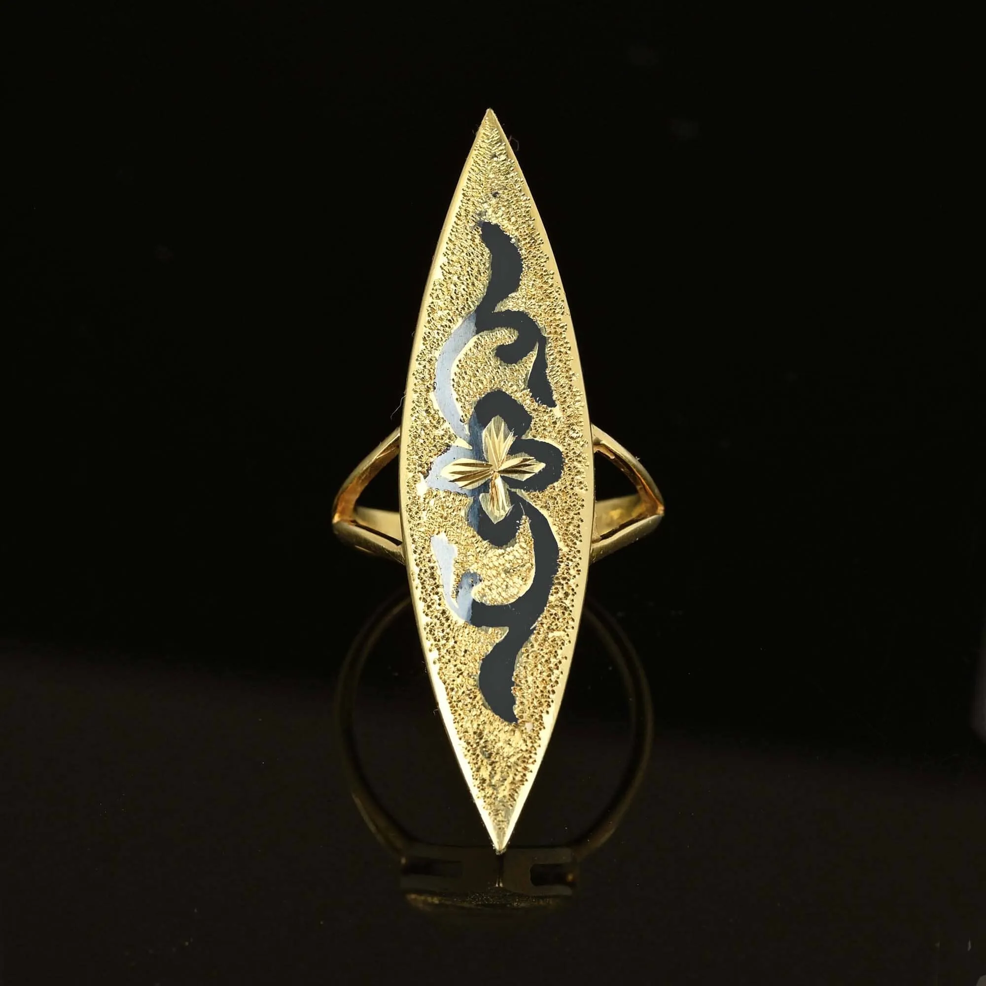 Antique 14K Gold Enamel Taille D'Epargne Navette Ring