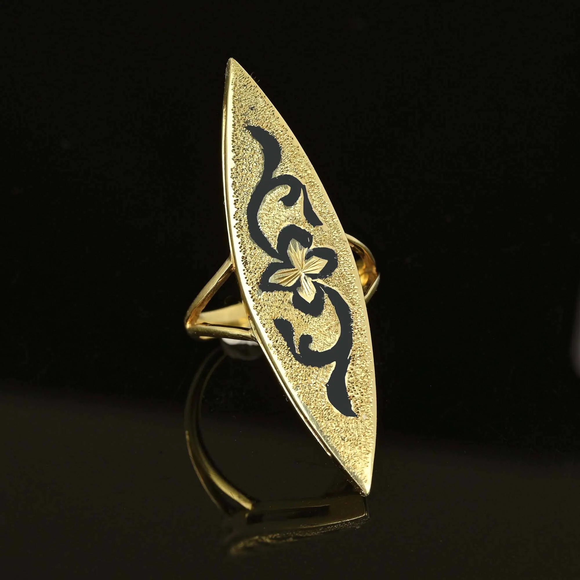 Antique 14K Gold Enamel Taille D'Epargne Navette Ring