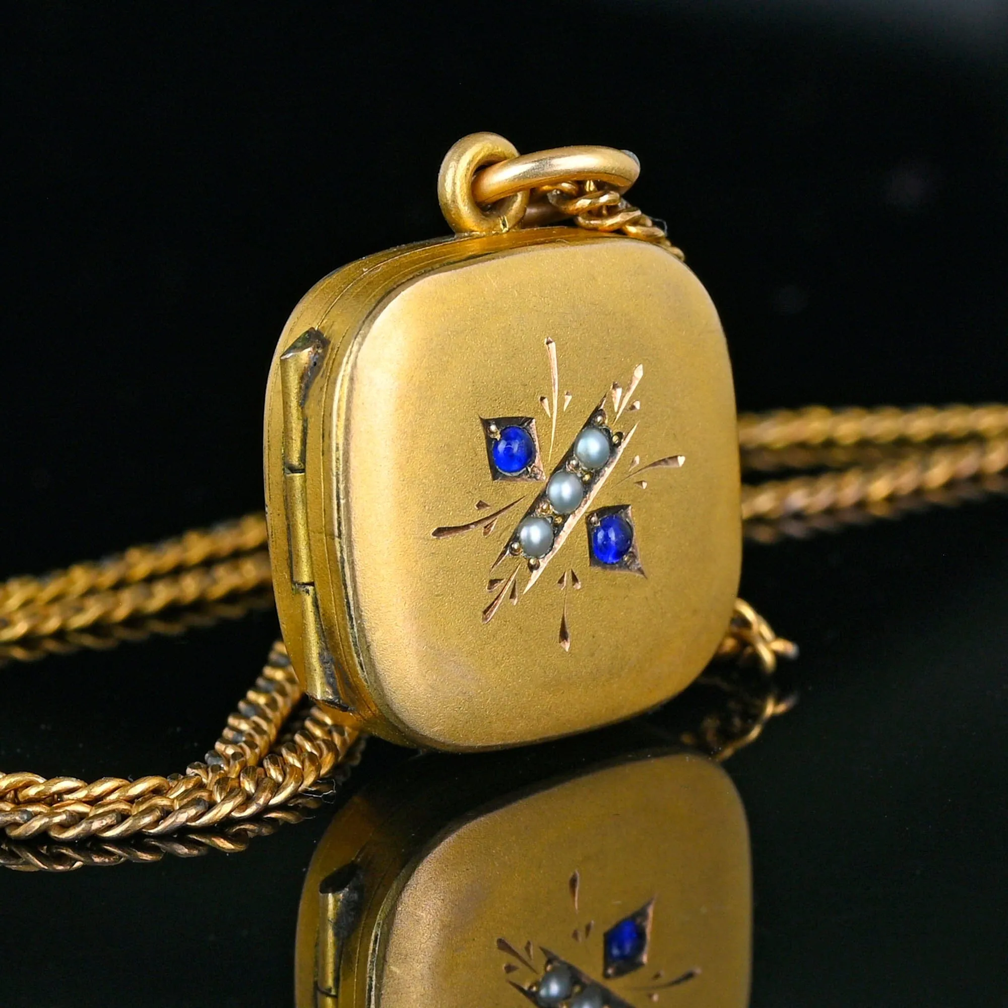 Antique Sapphire Paste Pearl Gold Filled Square Locket