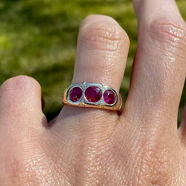 Antique Three Stone Ruby & Diamond Ring