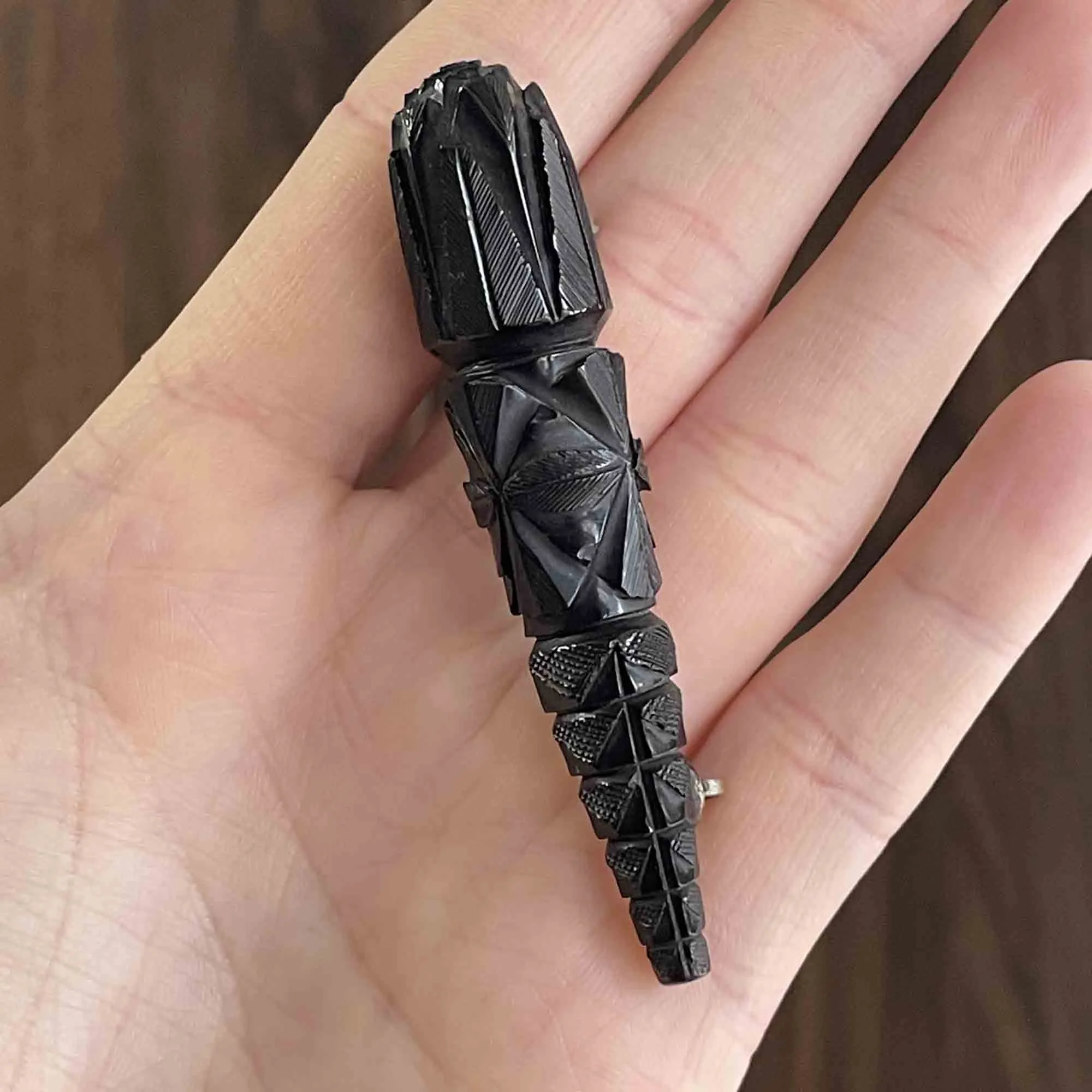 Antique Victorian Carved Long Whitby Jet Brooch