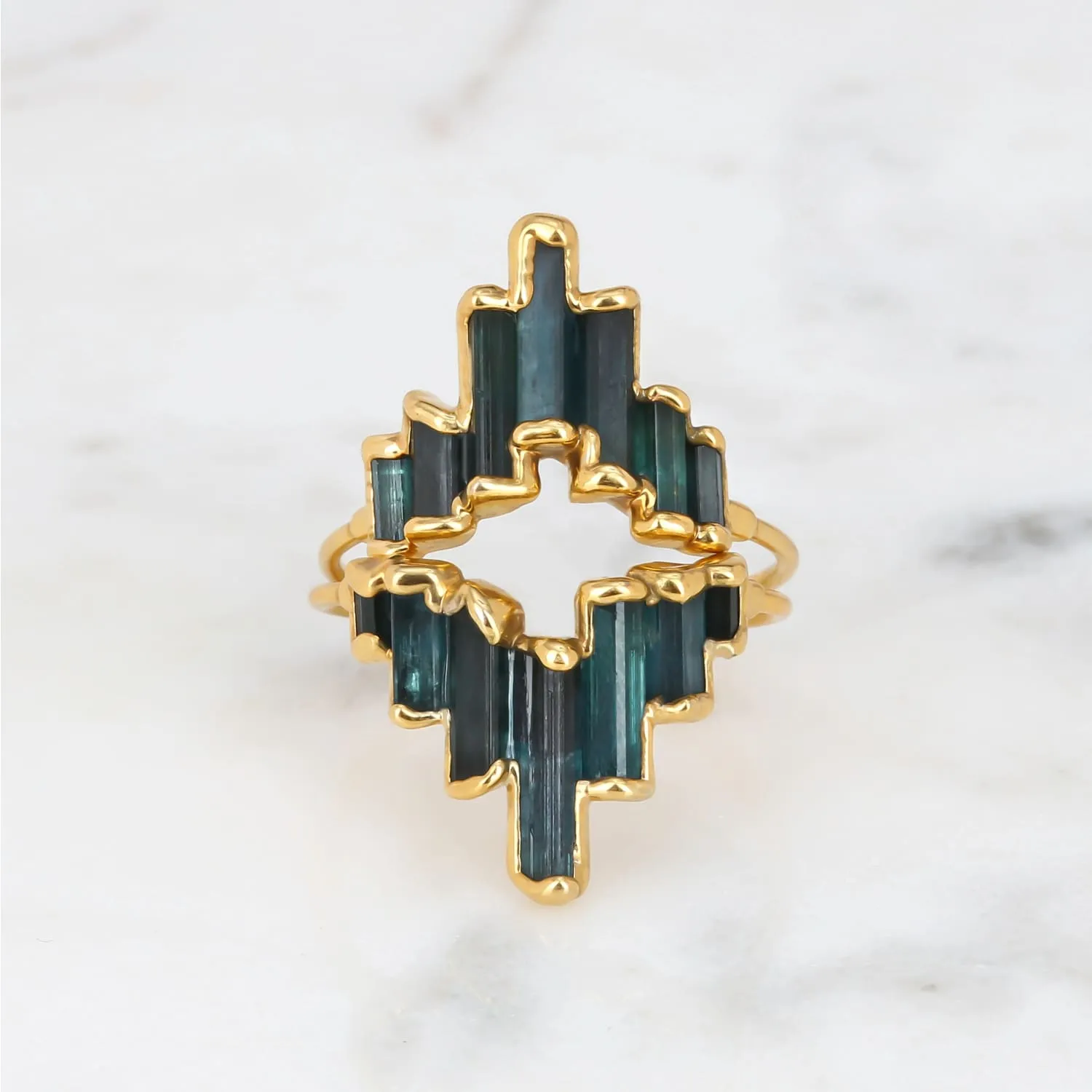 Art Deco Blue Tourmaline Ring for Women • Witchy Curved Stacking Contour Band • Real Raw Gemstone • Unique Alt Wedding Ring • 24k Dip