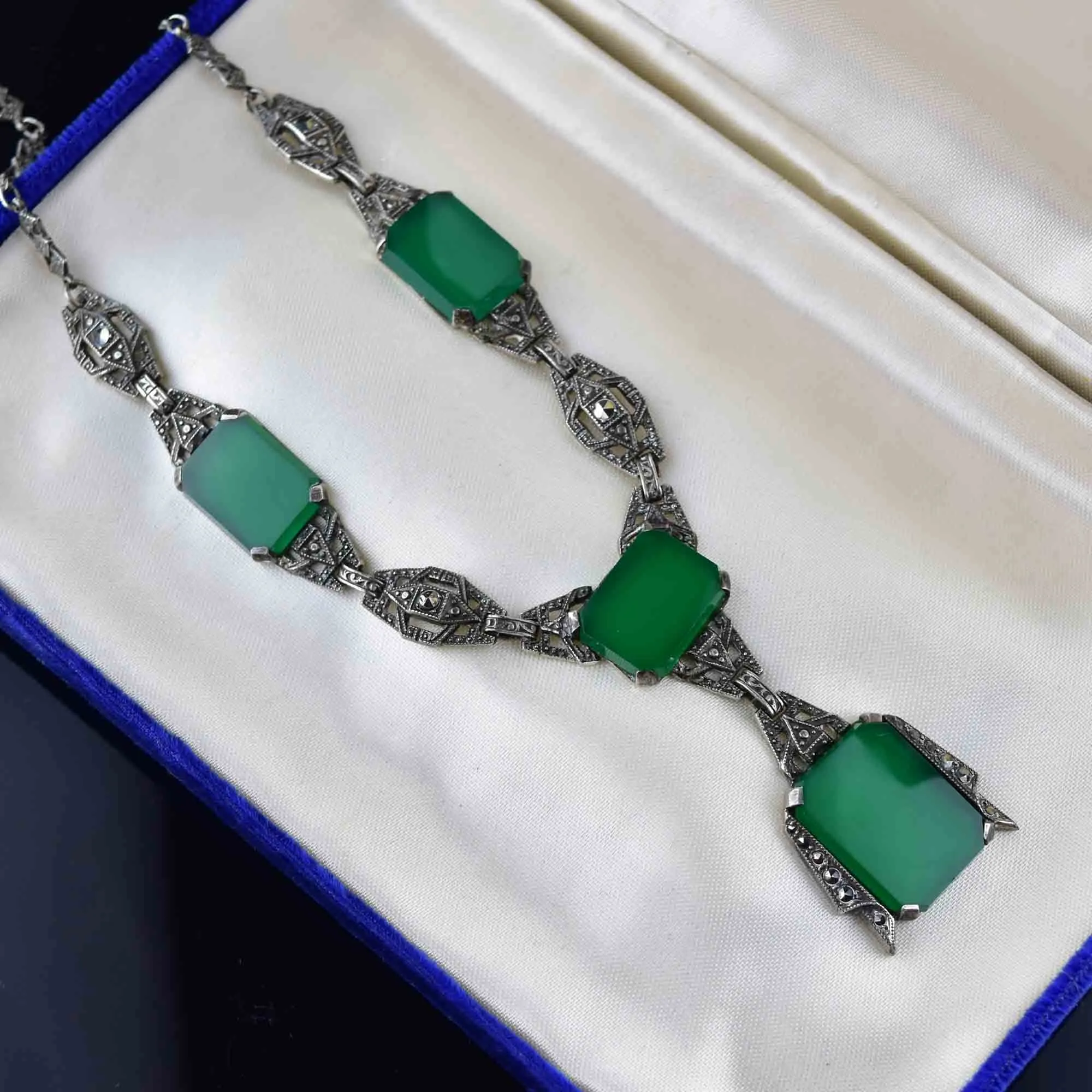 Art Deco Silver Chrysoprase Marcasite Necklace