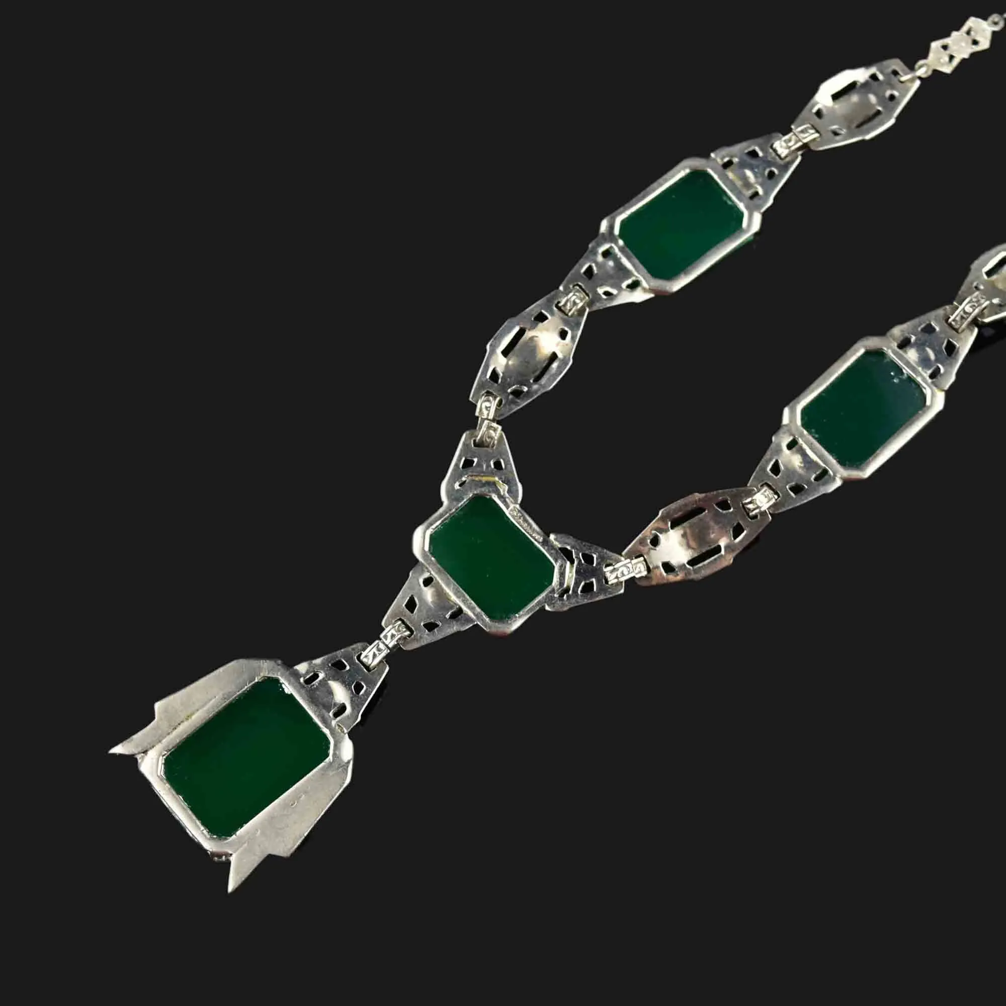 Art Deco Silver Chrysoprase Marcasite Necklace