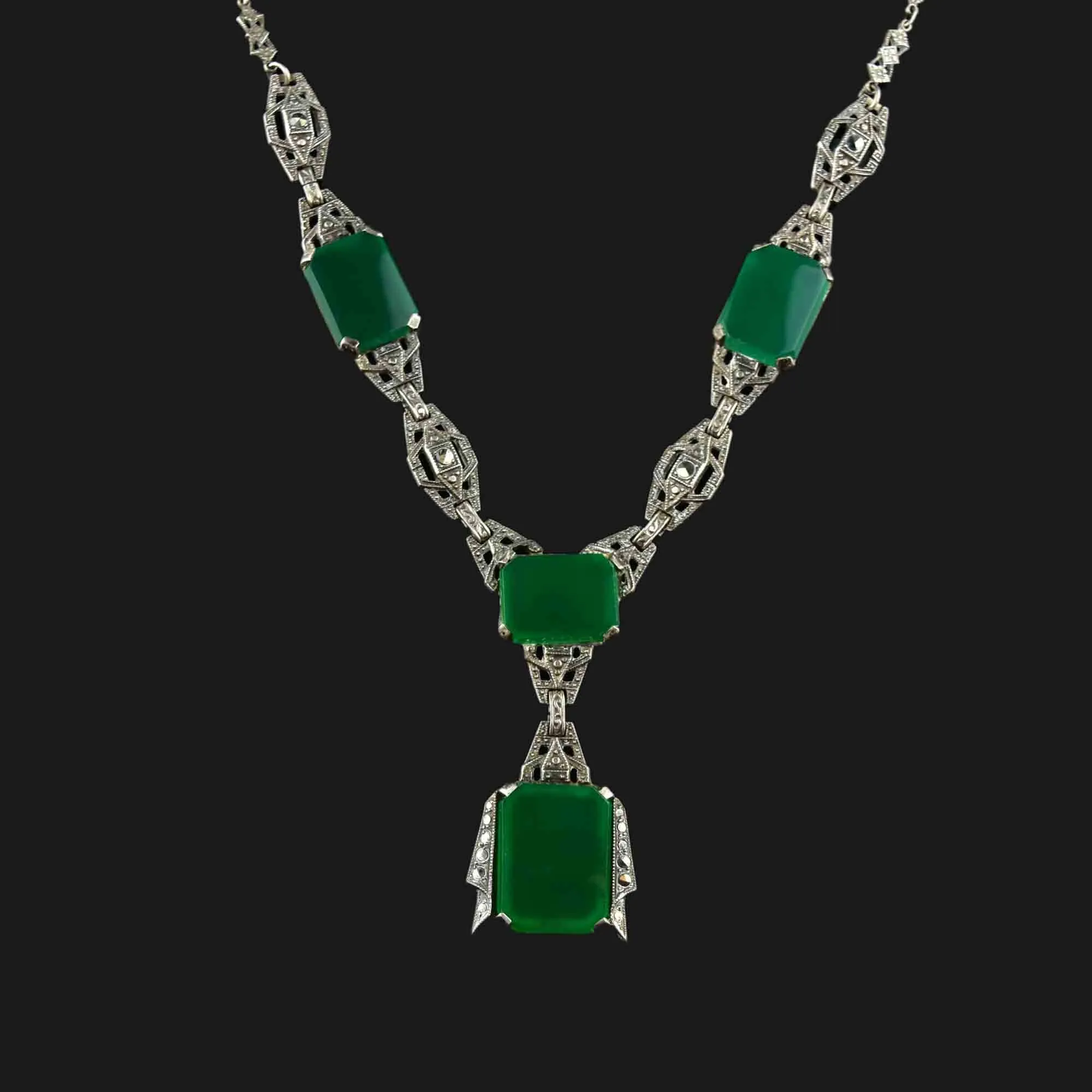 Art Deco Silver Chrysoprase Marcasite Necklace