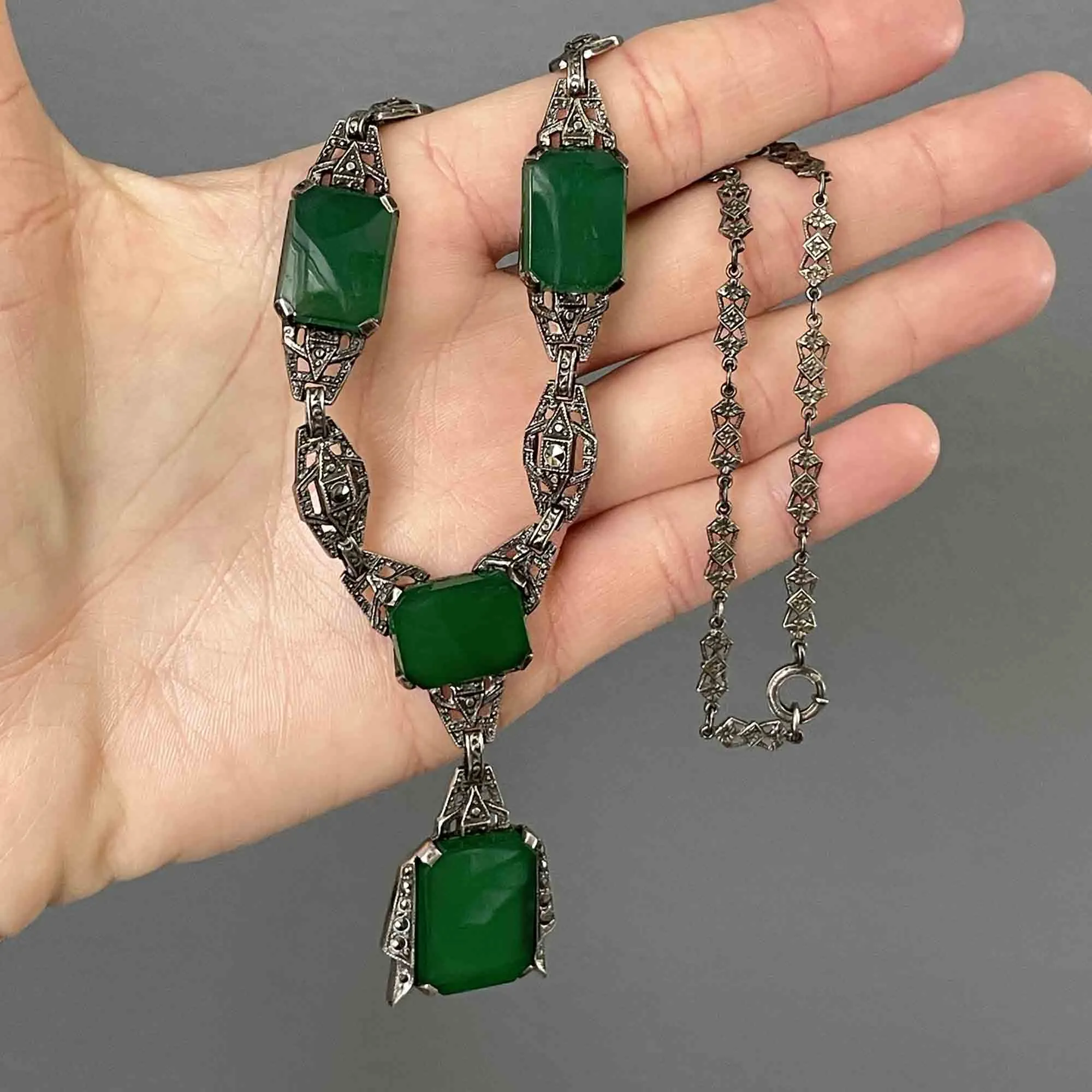 Art Deco Silver Chrysoprase Marcasite Necklace