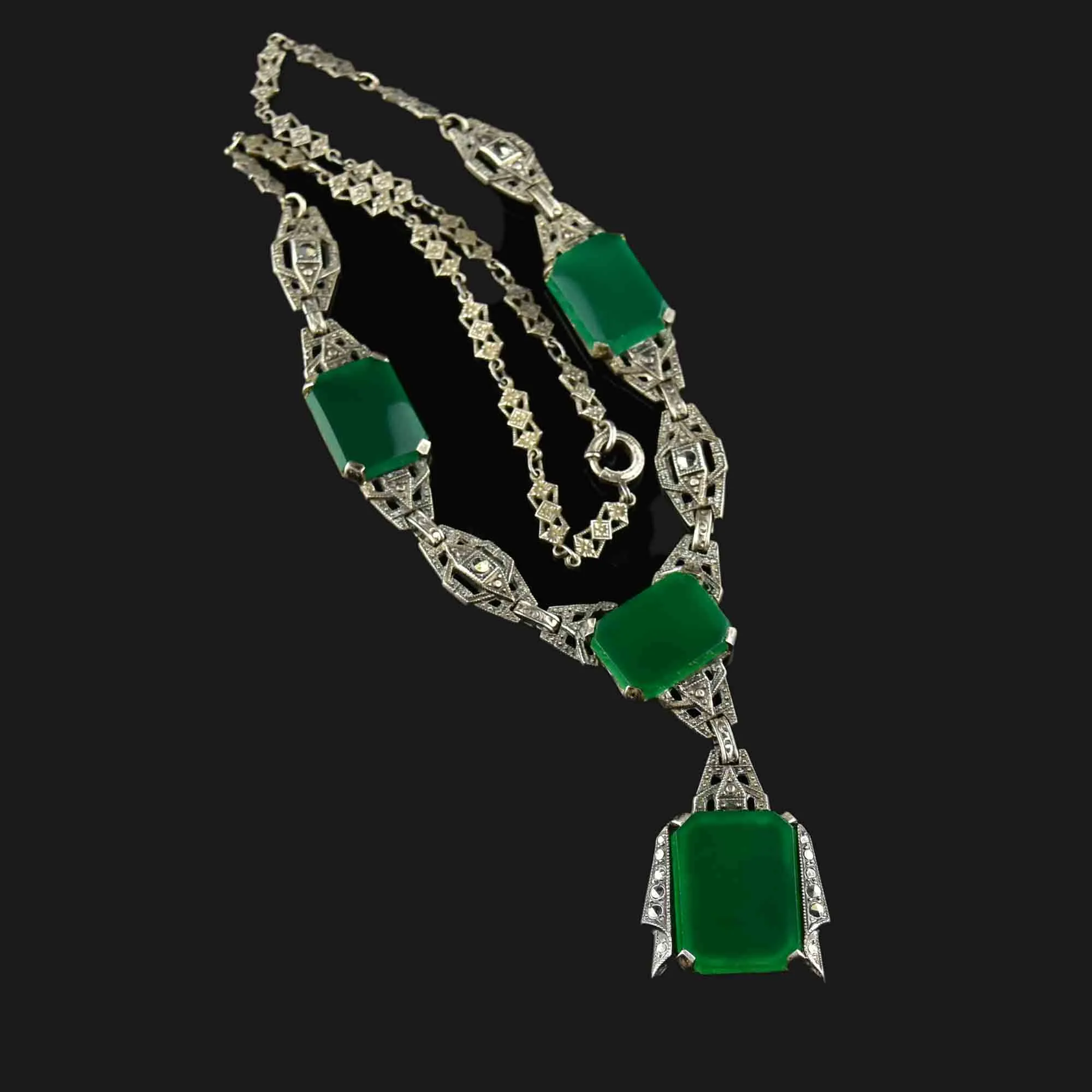 Art Deco Silver Chrysoprase Marcasite Necklace