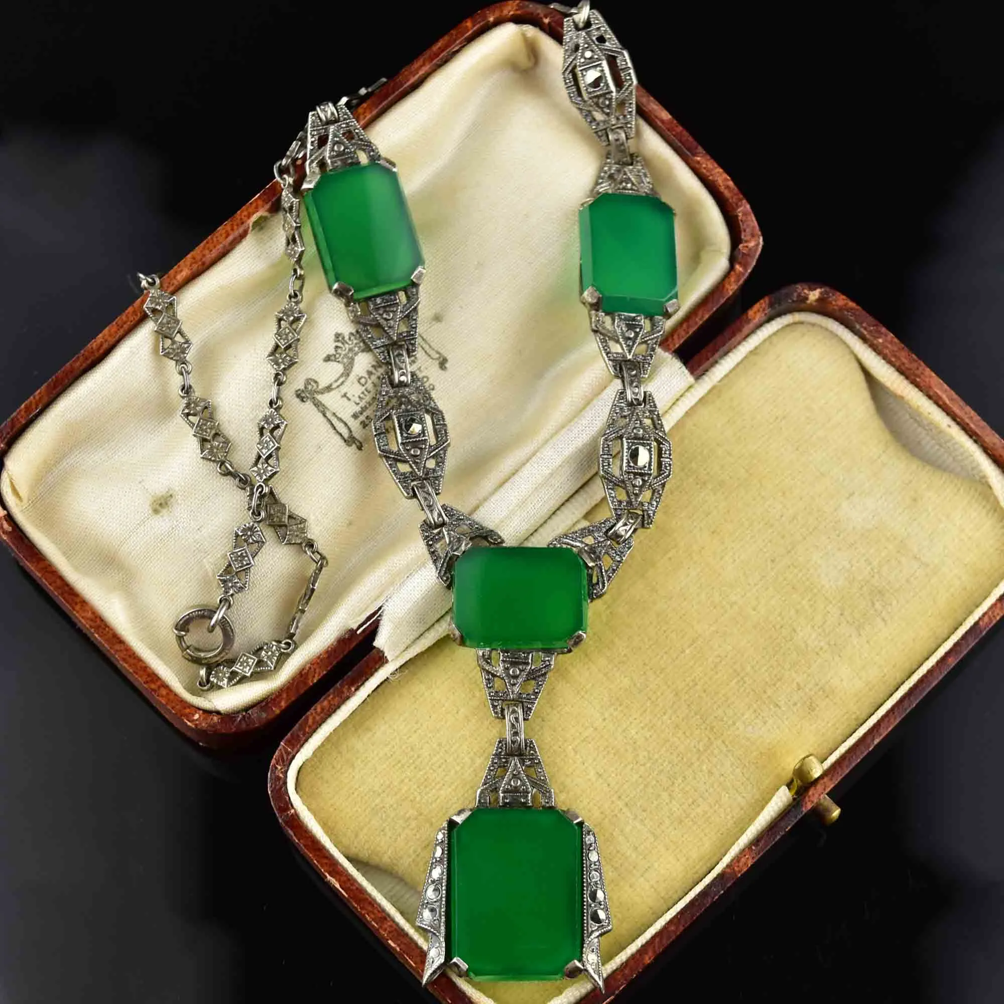 Art Deco Silver Chrysoprase Marcasite Necklace