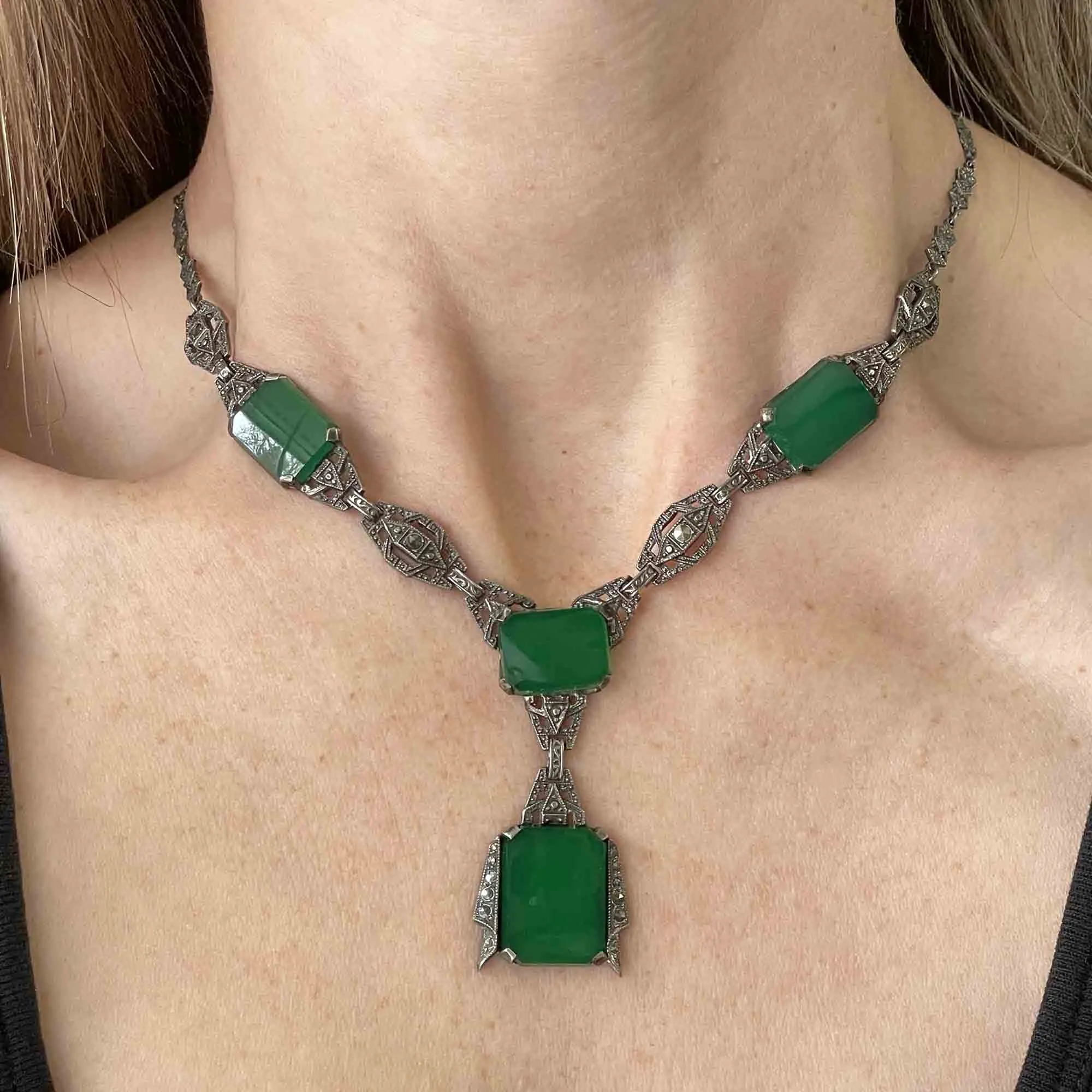 Art Deco Silver Chrysoprase Marcasite Necklace