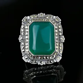 Art Deco Sterling Silver Marcasite Chrysoprase Ring