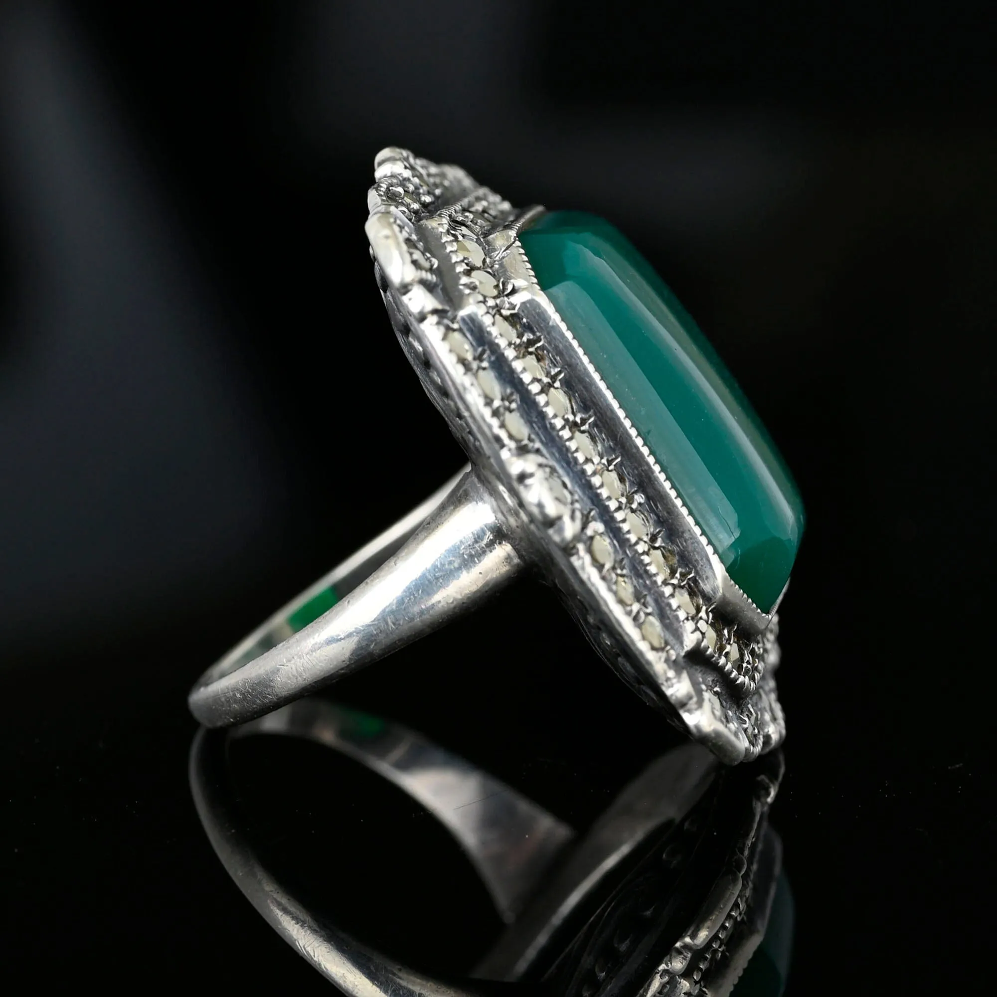 Art Deco Sterling Silver Marcasite Chrysoprase Ring