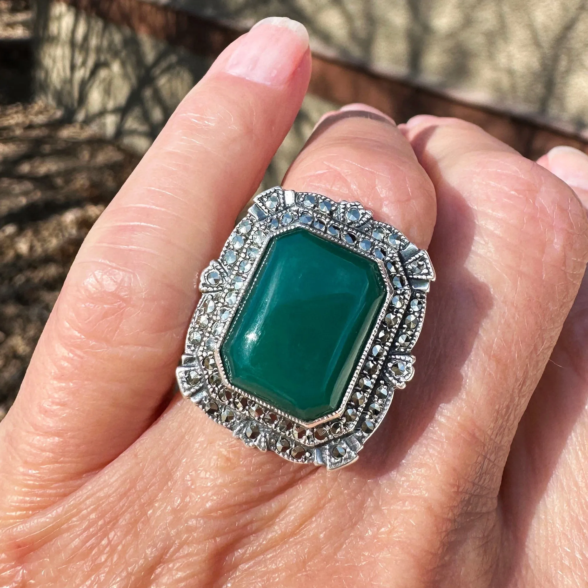 Art Deco Sterling Silver Marcasite Chrysoprase Ring