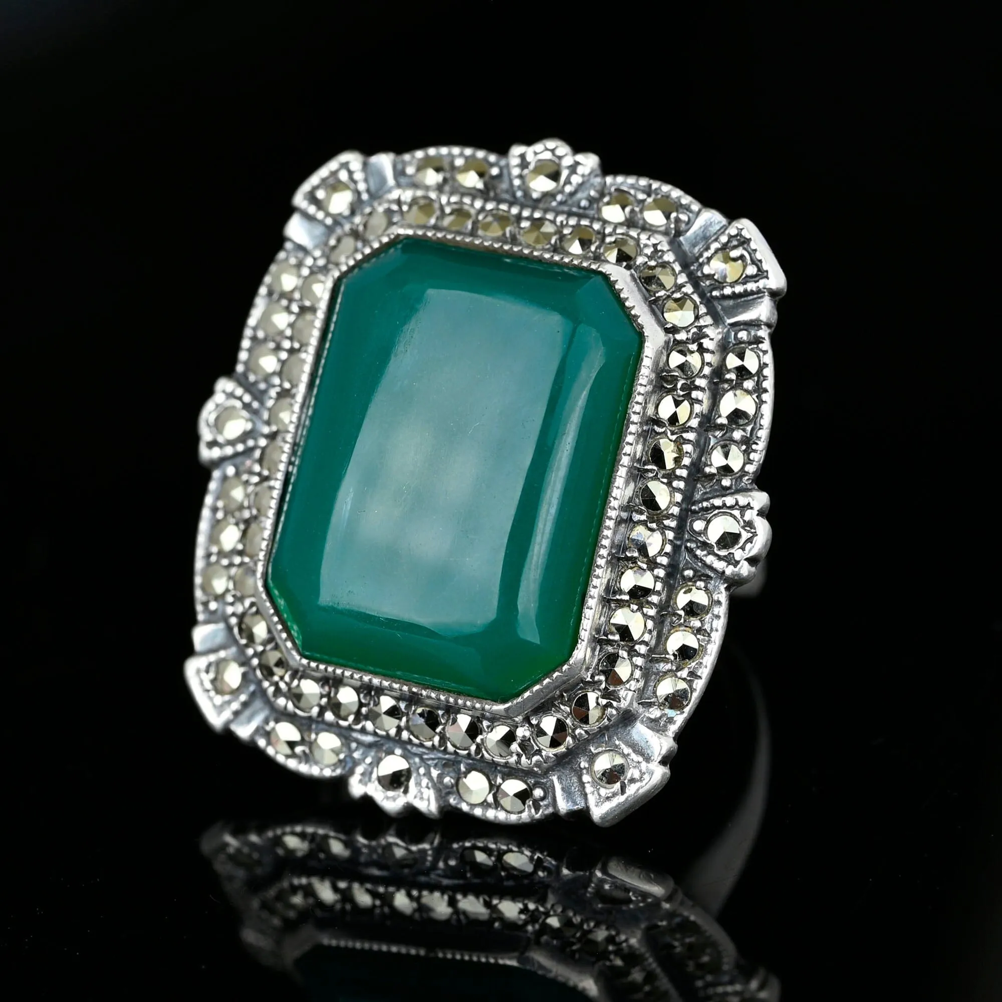 Art Deco Sterling Silver Marcasite Chrysoprase Ring