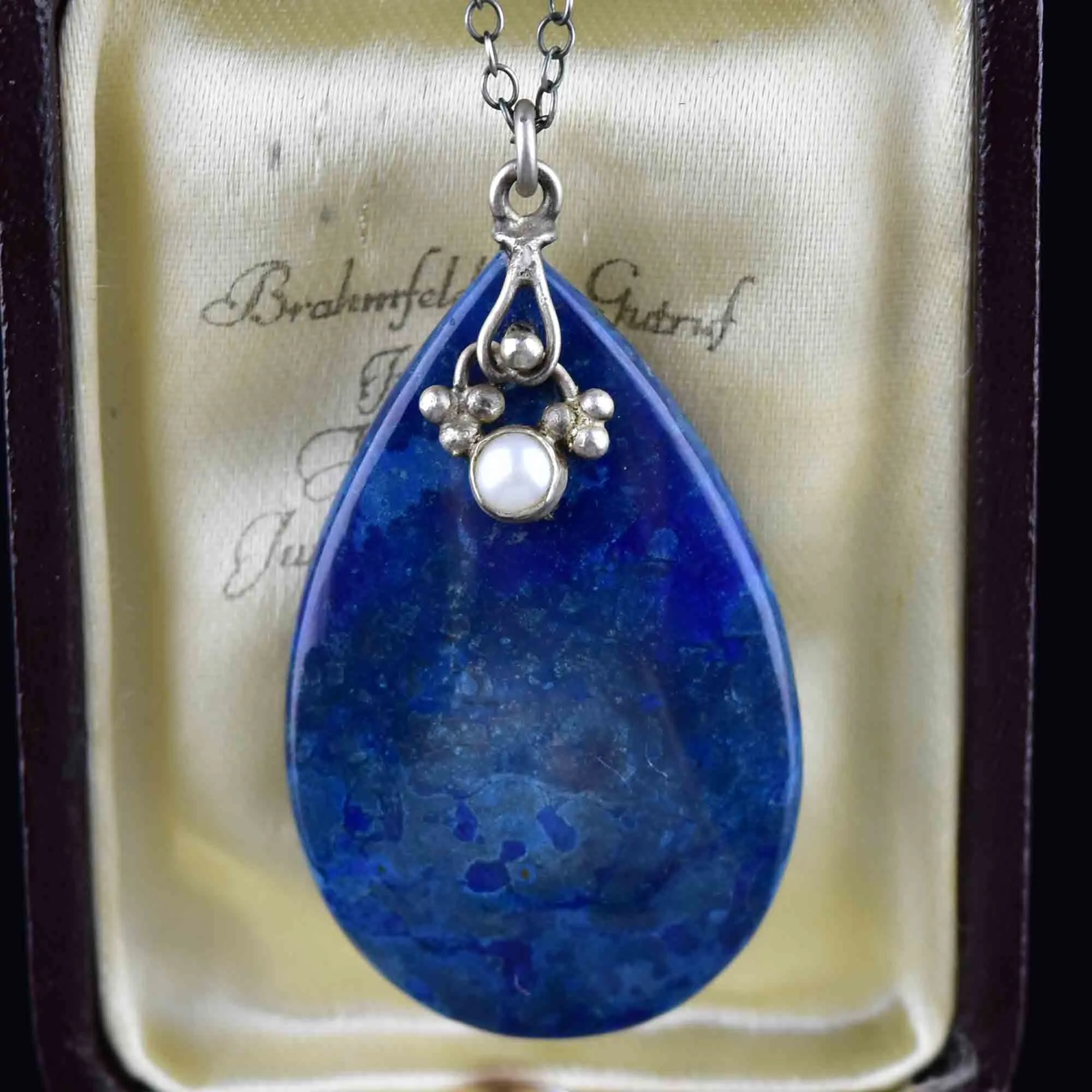 Arts and Crafts Style Silver Lapis Lazuli Pearl Pendant Necklace