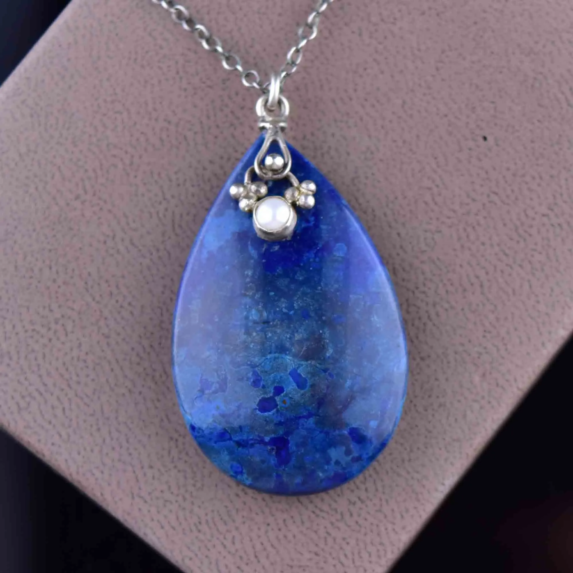 Arts and Crafts Style Silver Lapis Lazuli Pearl Pendant Necklace