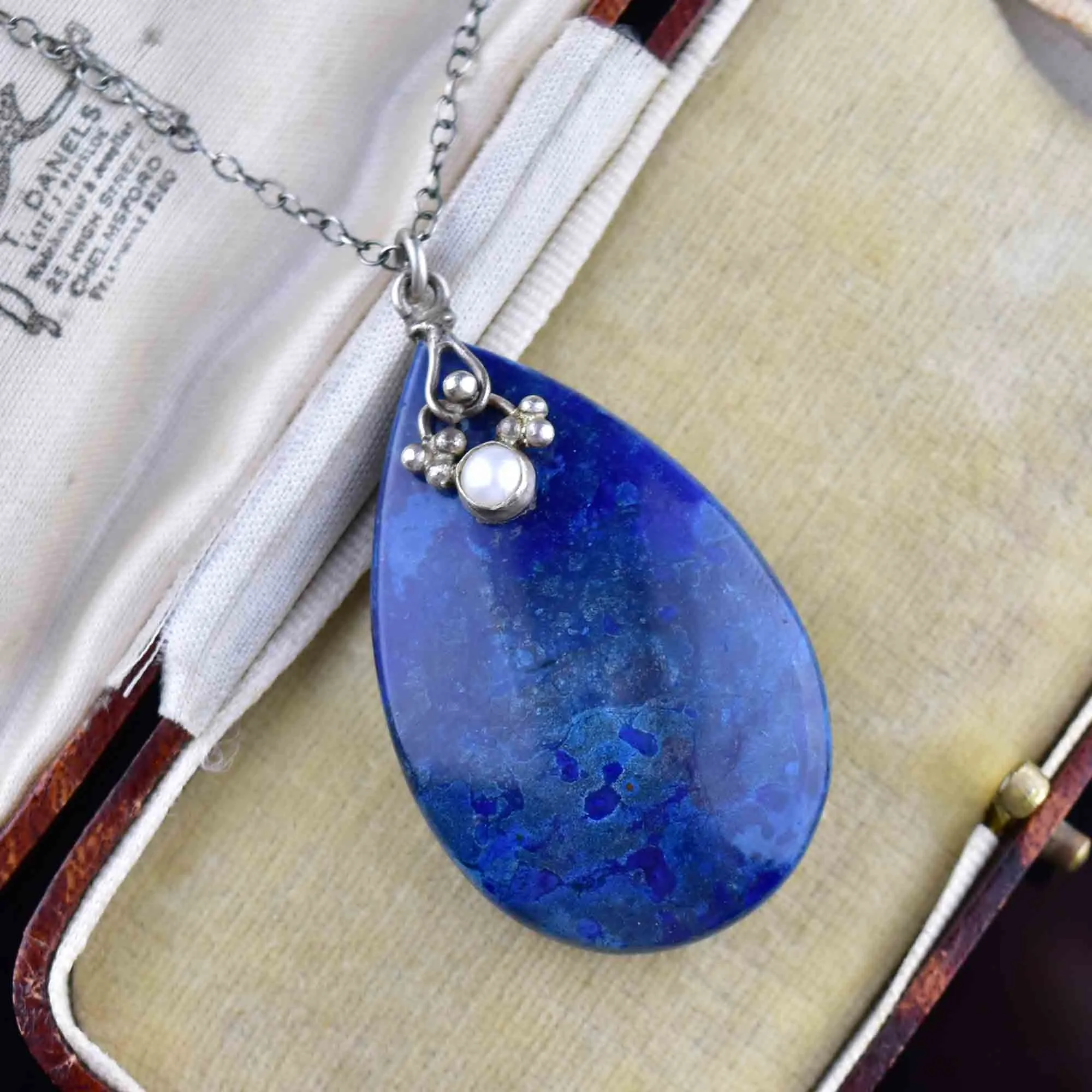 Arts and Crafts Style Silver Lapis Lazuli Pearl Pendant Necklace