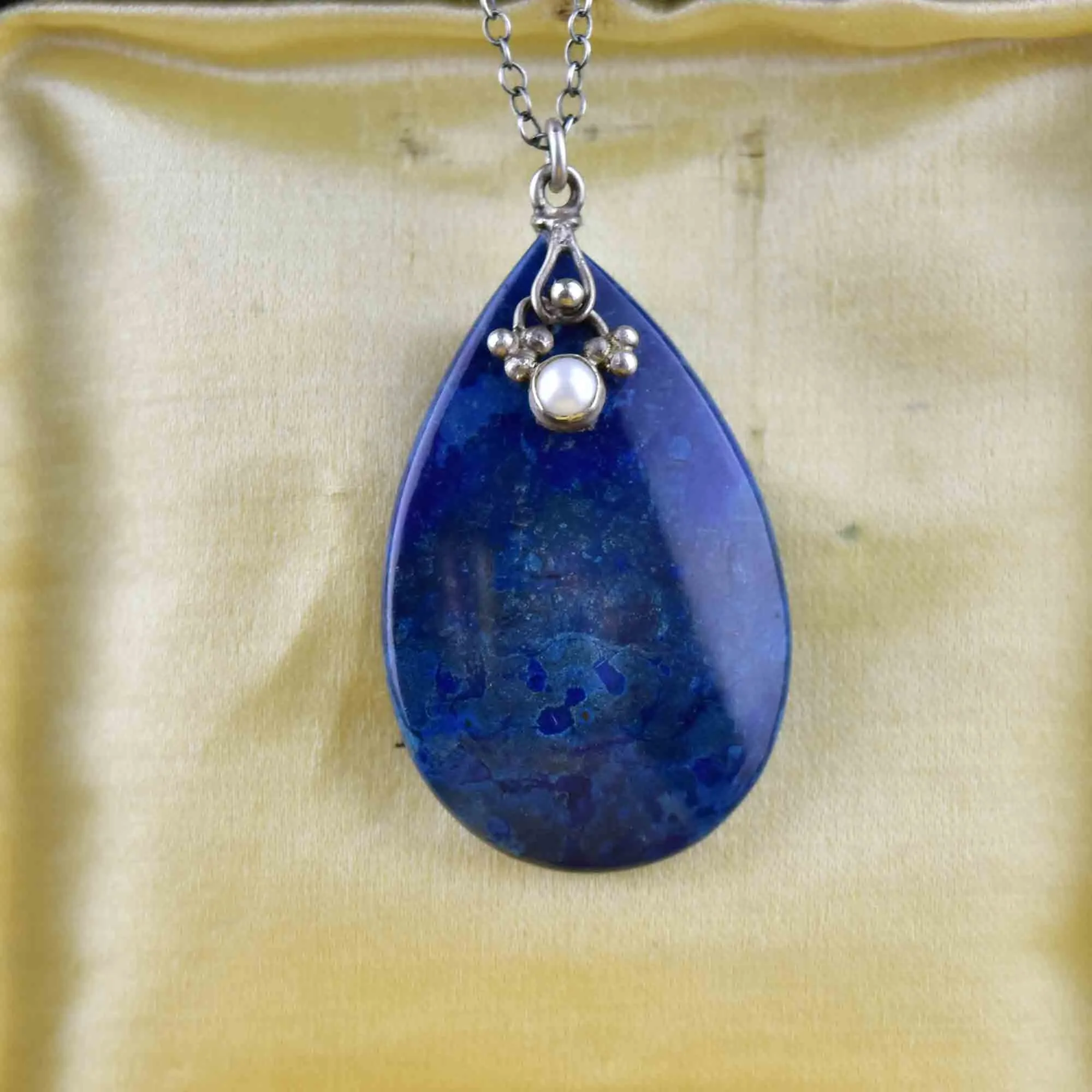 Arts and Crafts Style Silver Lapis Lazuli Pearl Pendant Necklace