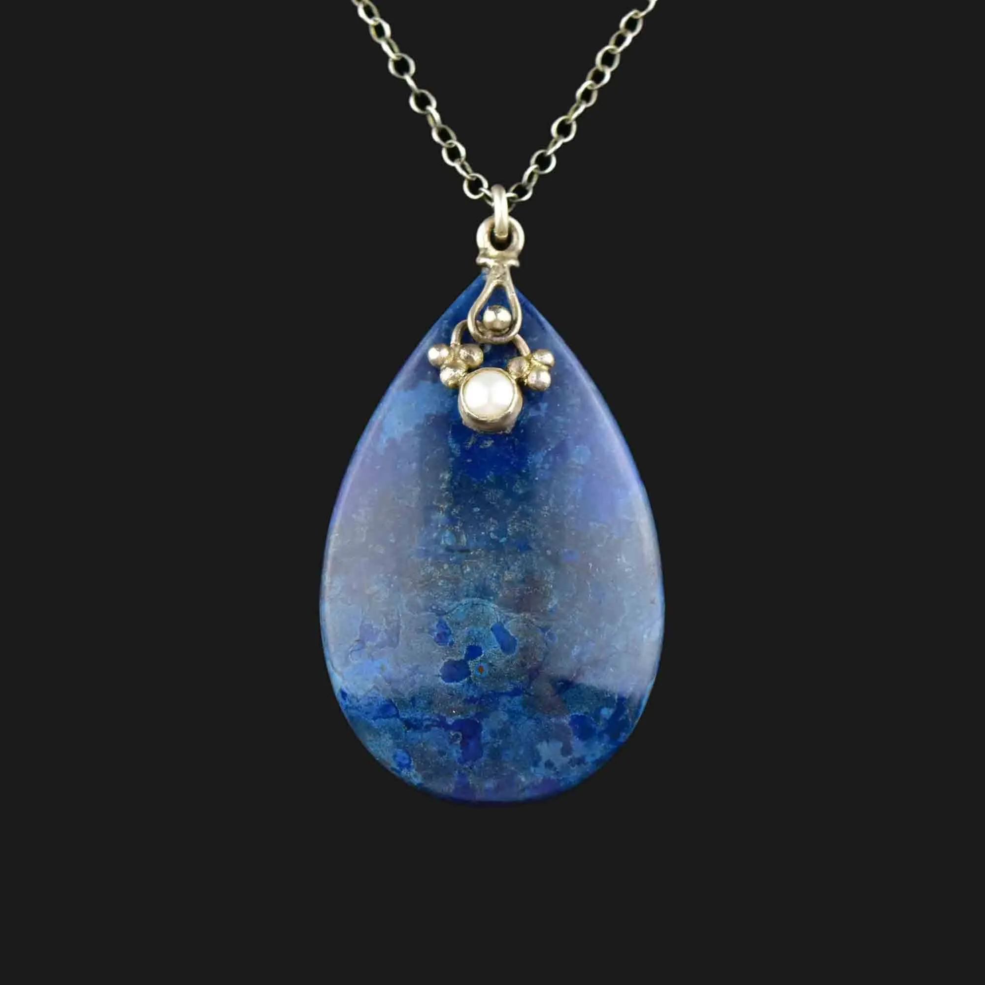 Arts and Crafts Style Silver Lapis Lazuli Pearl Pendant Necklace