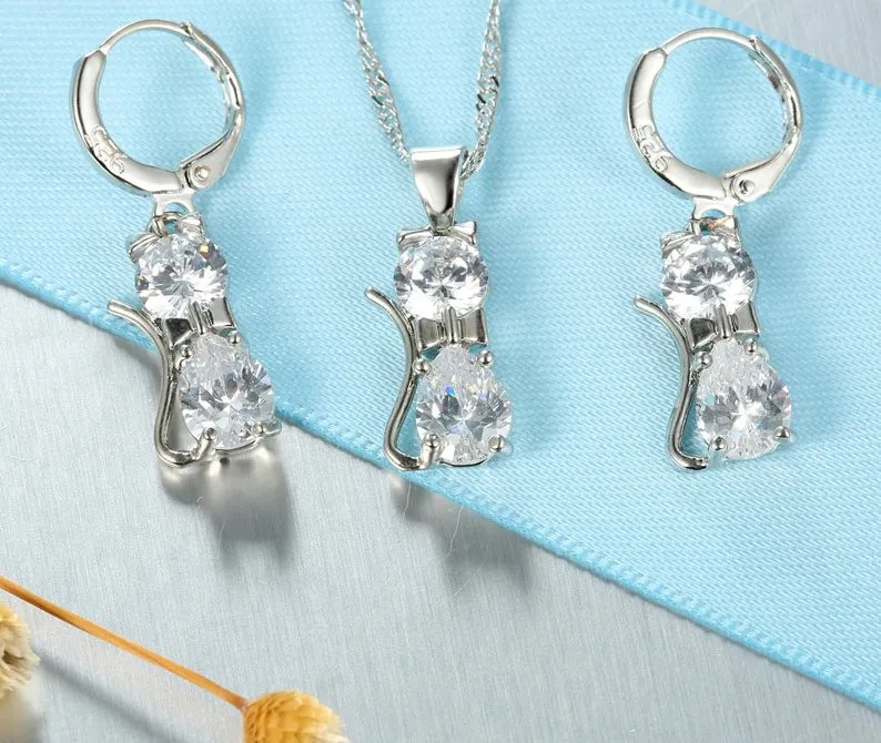 Austrian Crystal Cat Set in Solid 925 Sterling Silver