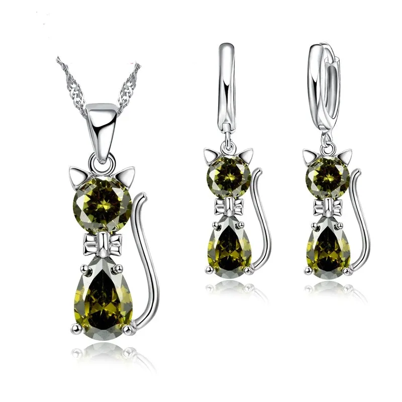 Austrian Crystal Cat Set in Solid 925 Sterling Silver