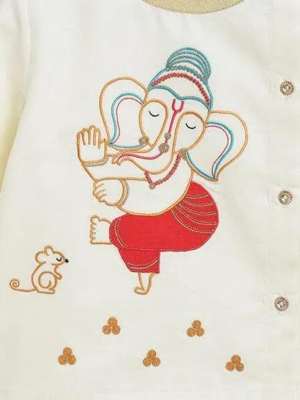 Baby Boy Ganesha Embroidered Cotton Dhoti Kurta Set - Cream