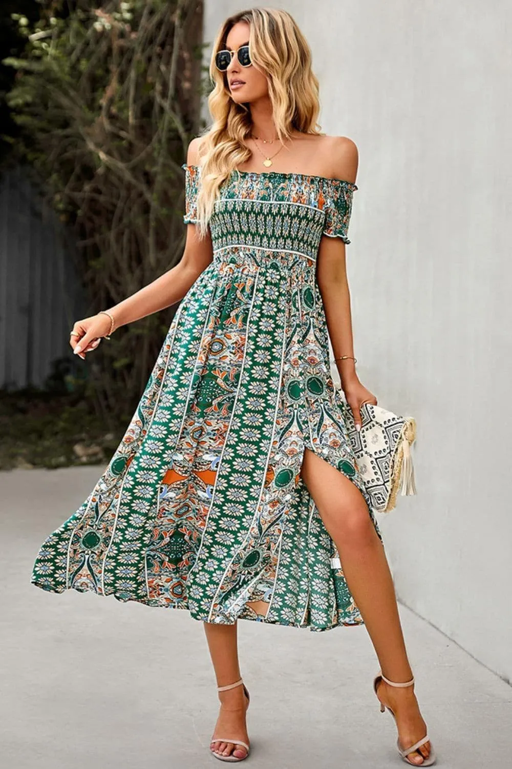 Bohemian Off-Shoulder Frill Trim Split Dress, Multiple Colors