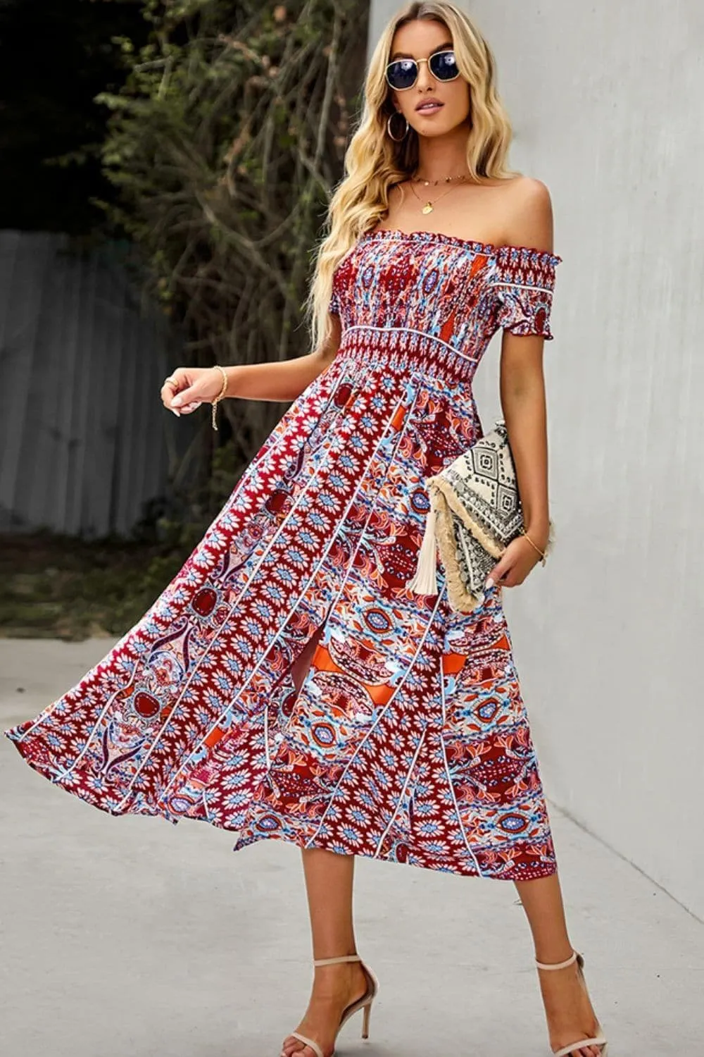 Bohemian Off-Shoulder Frill Trim Split Dress, Multiple Colors