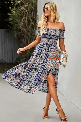 Bohemian Off-Shoulder Frill Trim Split Dress, Multiple Colors