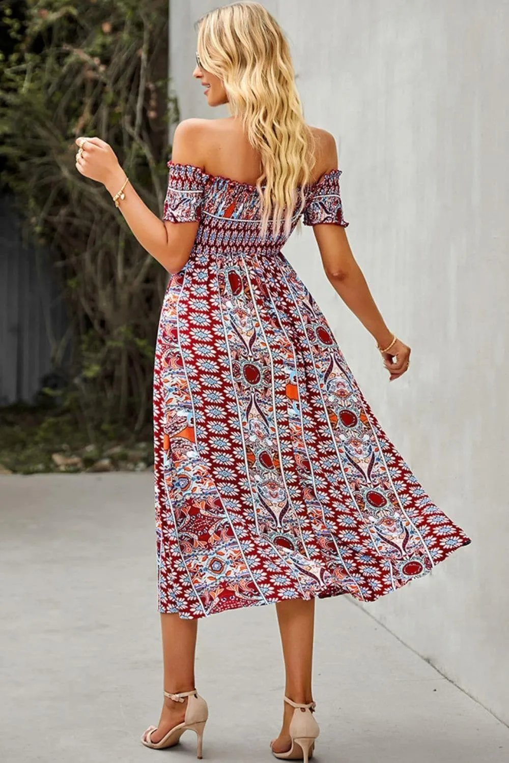 Bohemian Off-Shoulder Frill Trim Split Dress, Multiple Colors