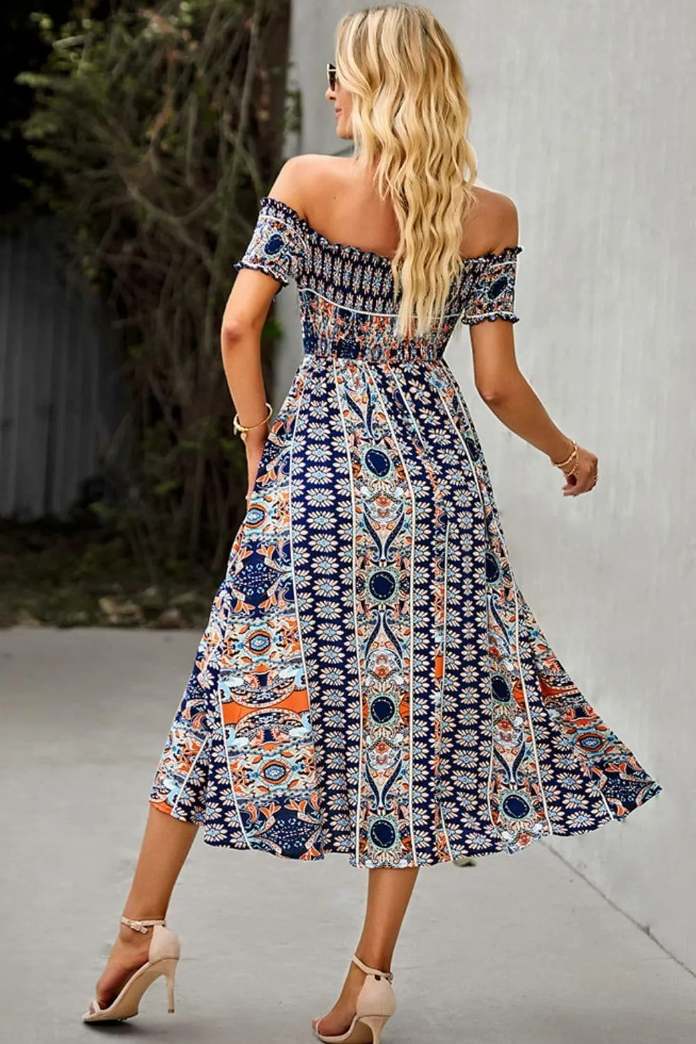 Bohemian Off-Shoulder Frill Trim Split Dress, Multiple Colors